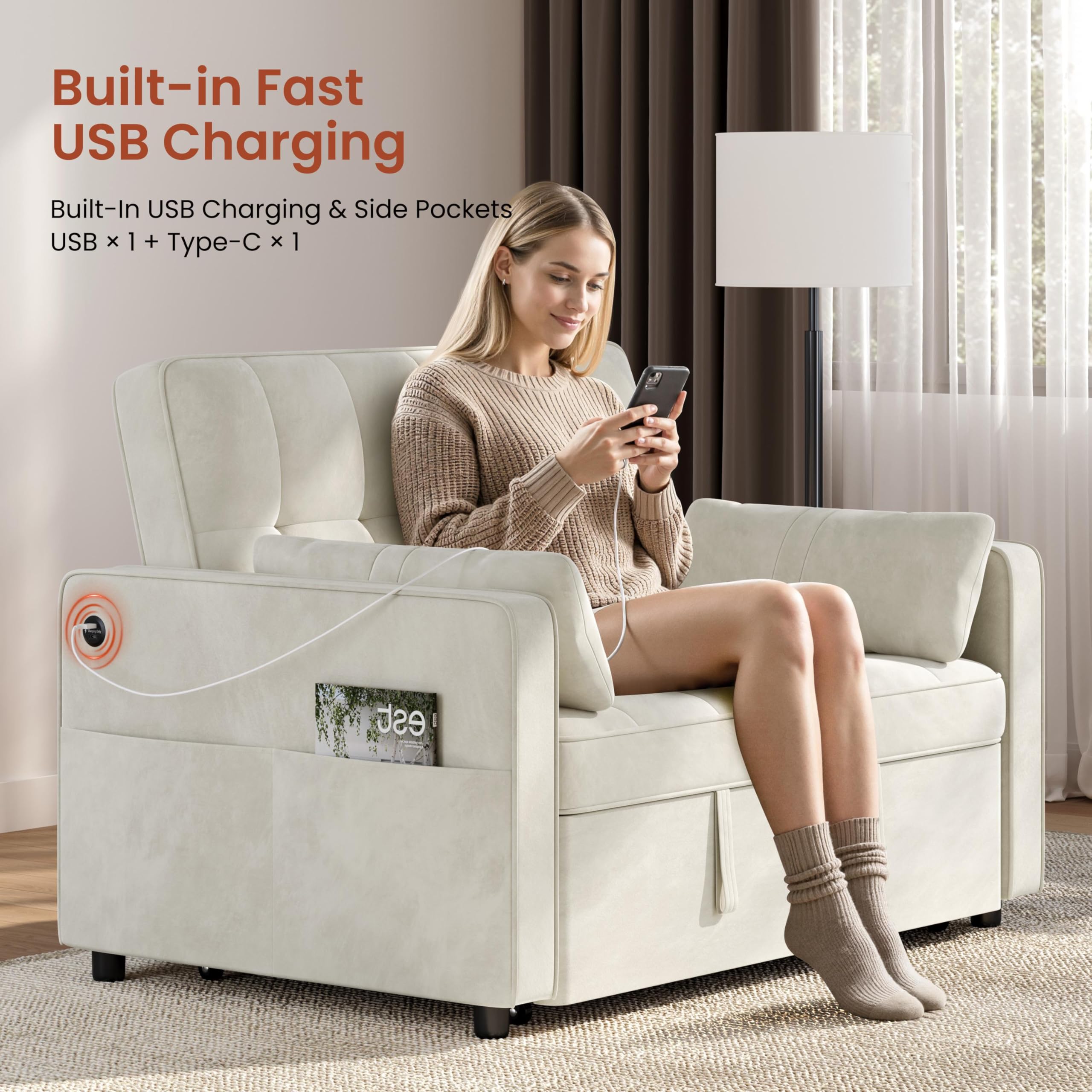 Yaheetech 3 in 1 Sofa Bed Convertible Velvet Sofa Pull Out Couch Folding Loveseat Sleeper with Adjustable Backrest, Armrest Pillows, USB Ports, Side Pockets for Living Room Bedroom Apartment, Beige