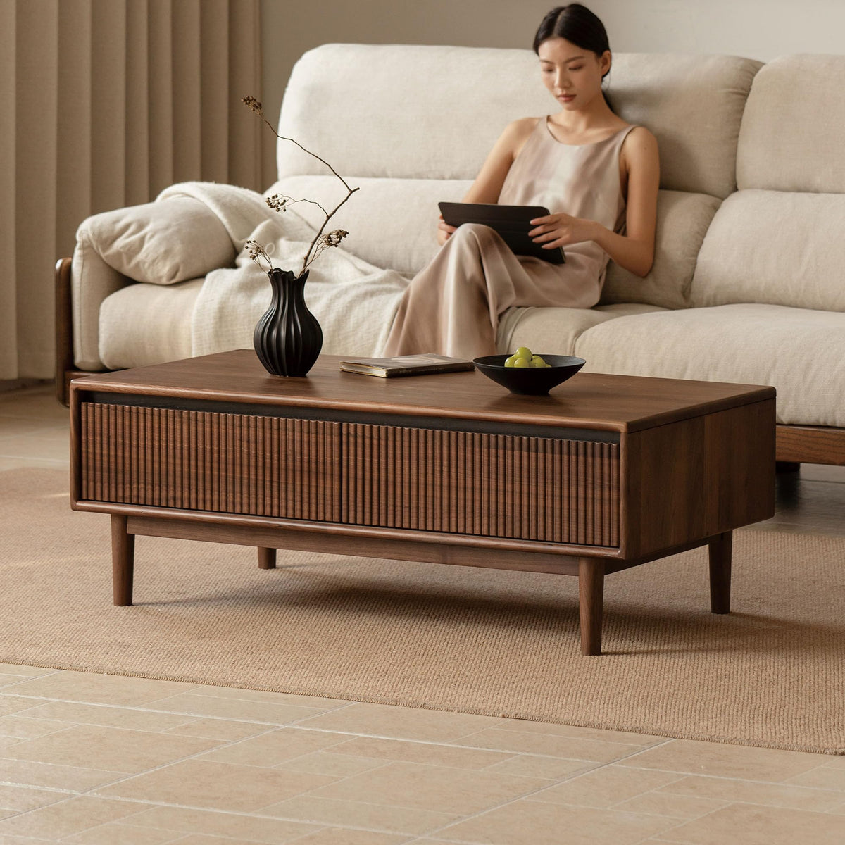 Vadisun Solid Black Walnut Coffee Table with Drawer & Open Shelf, 53 Inch Wood Center Table with Slatted Grille Front - Living Room Furniture