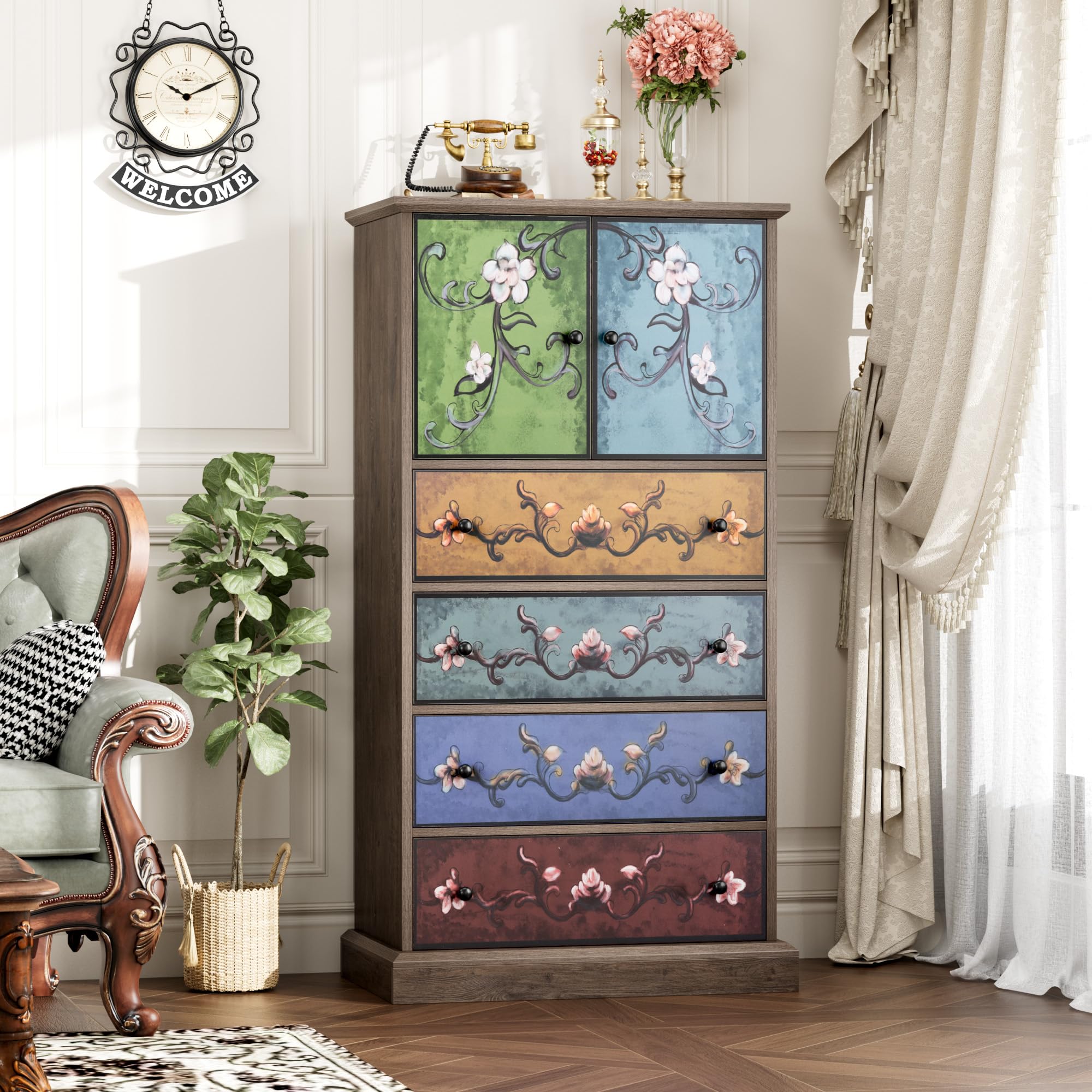 FINETONES 50’’ Tall Dresser, Boho Dresser Vintage Dressers with 4 Drawers and 2 Doors, Wood Chests of Drawers for Home, 16.1D x 23.6W x 50H Inch