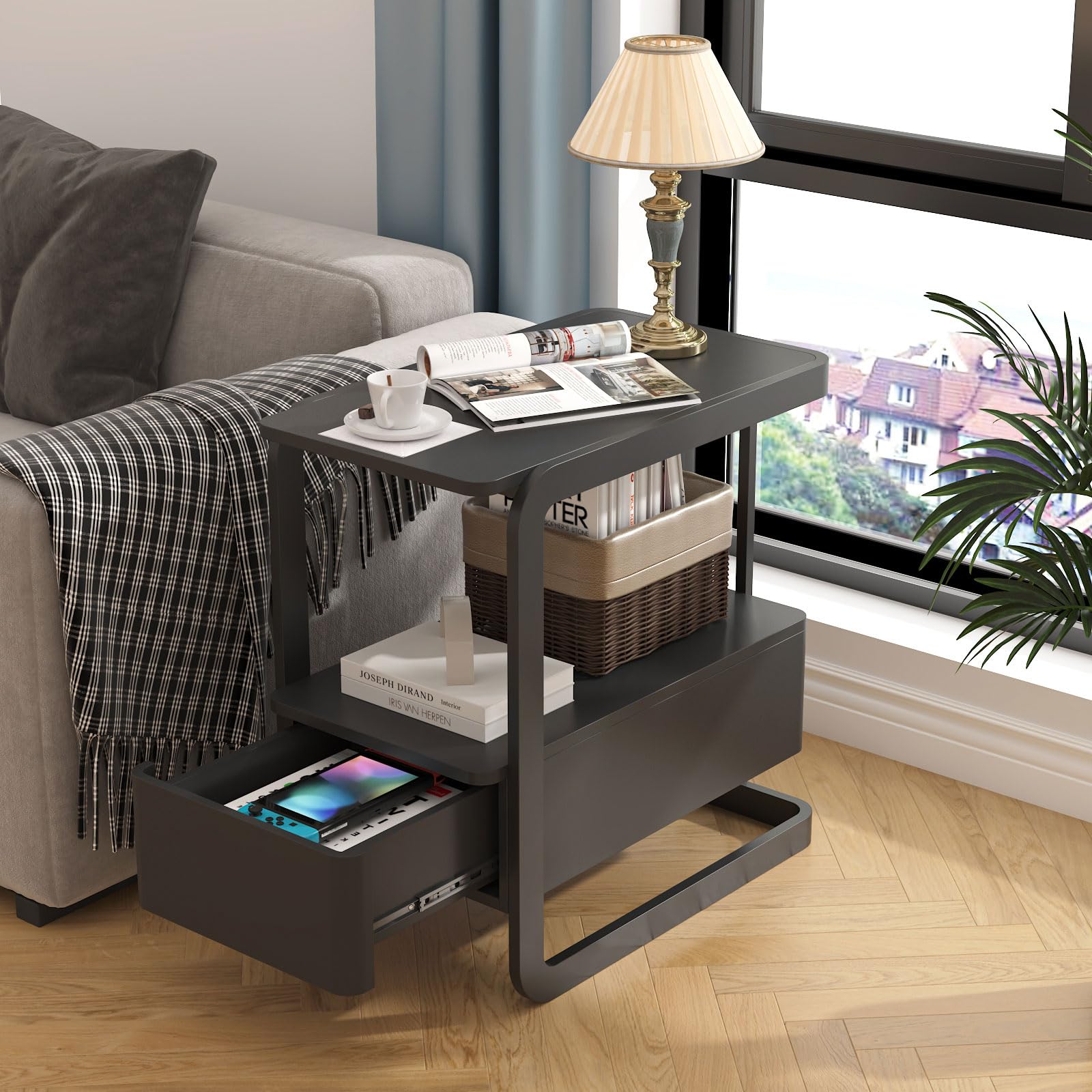 Narrow Side Table with Drawer & Open Shelf