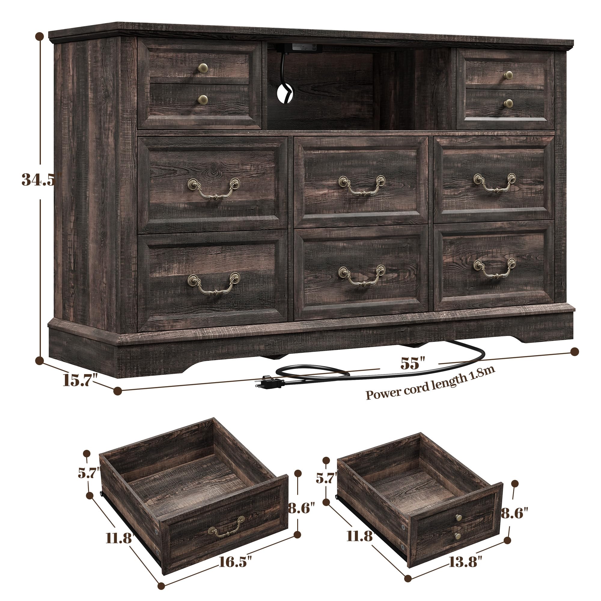 EnHomee 8 Drawers Dresser with Power Outlets and LED Lights,55" W Rustic Wooden Dressers & Chests of Drawers for Bedroom, Hallway, Rustic Oak, 55" W x 34.5" H x 15.7" D