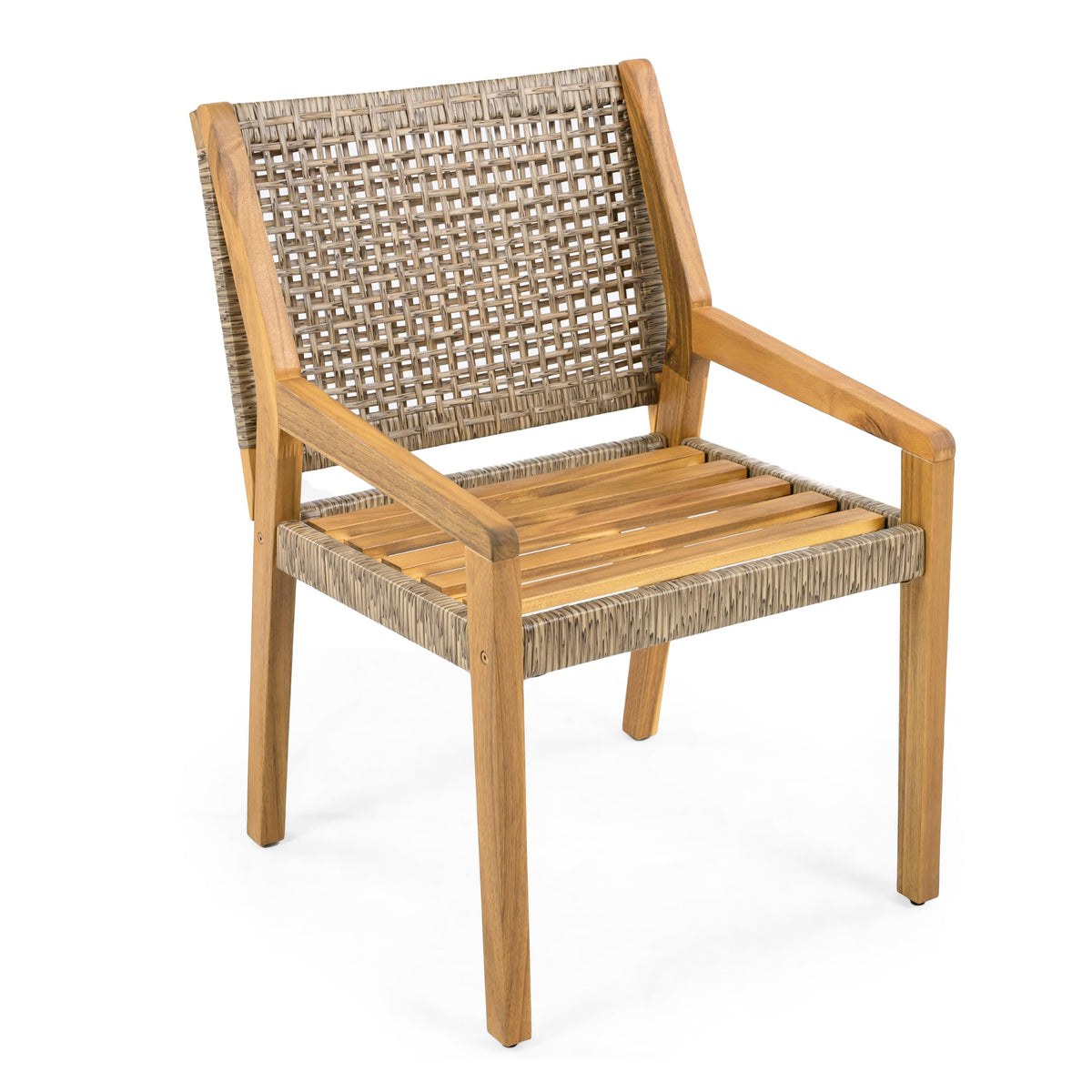Christopher Knight Home Verle Wooden Patio Dining Set for 4, Acacia Wood Outdoor Dining Table Set for 4, 5 Piece Outdoor Dining Set with Round Table and Armchair with Seat Cushion, Teak+Beige
