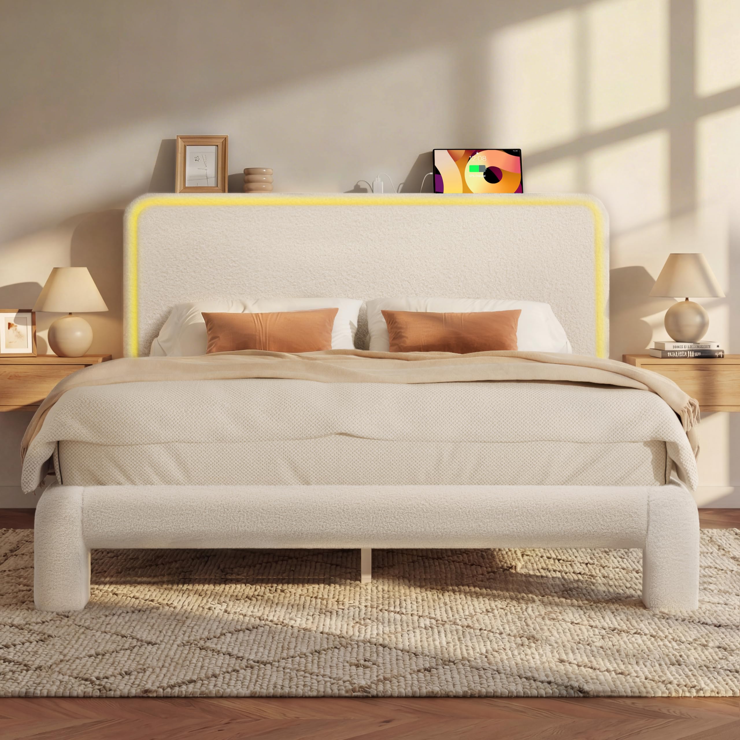 Queen Boucle Upholstered Bed Frame with Charging Station & LED Light