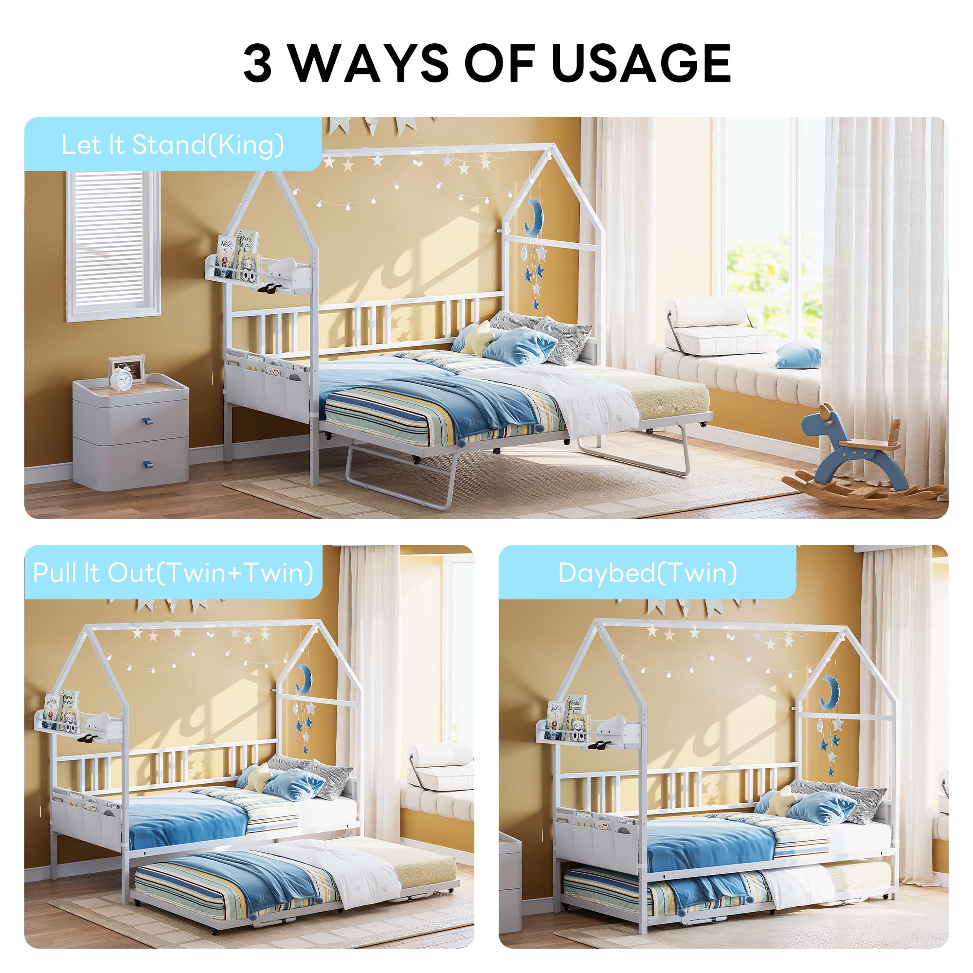 LIKIMIO Daybed with Trundle, House Bunk Twin Bed Frame with Storage,Day Sofa Bed for Living Room, Bedroom and Guest Room,White