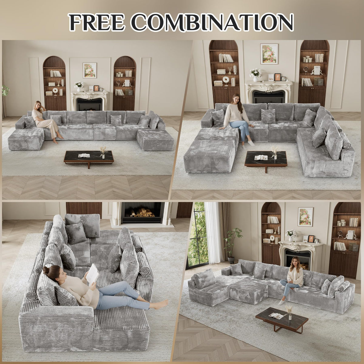 ONEMMLION 177" U-Shaped Boneless Cloud Modular Sectional Sofa, Light Grey