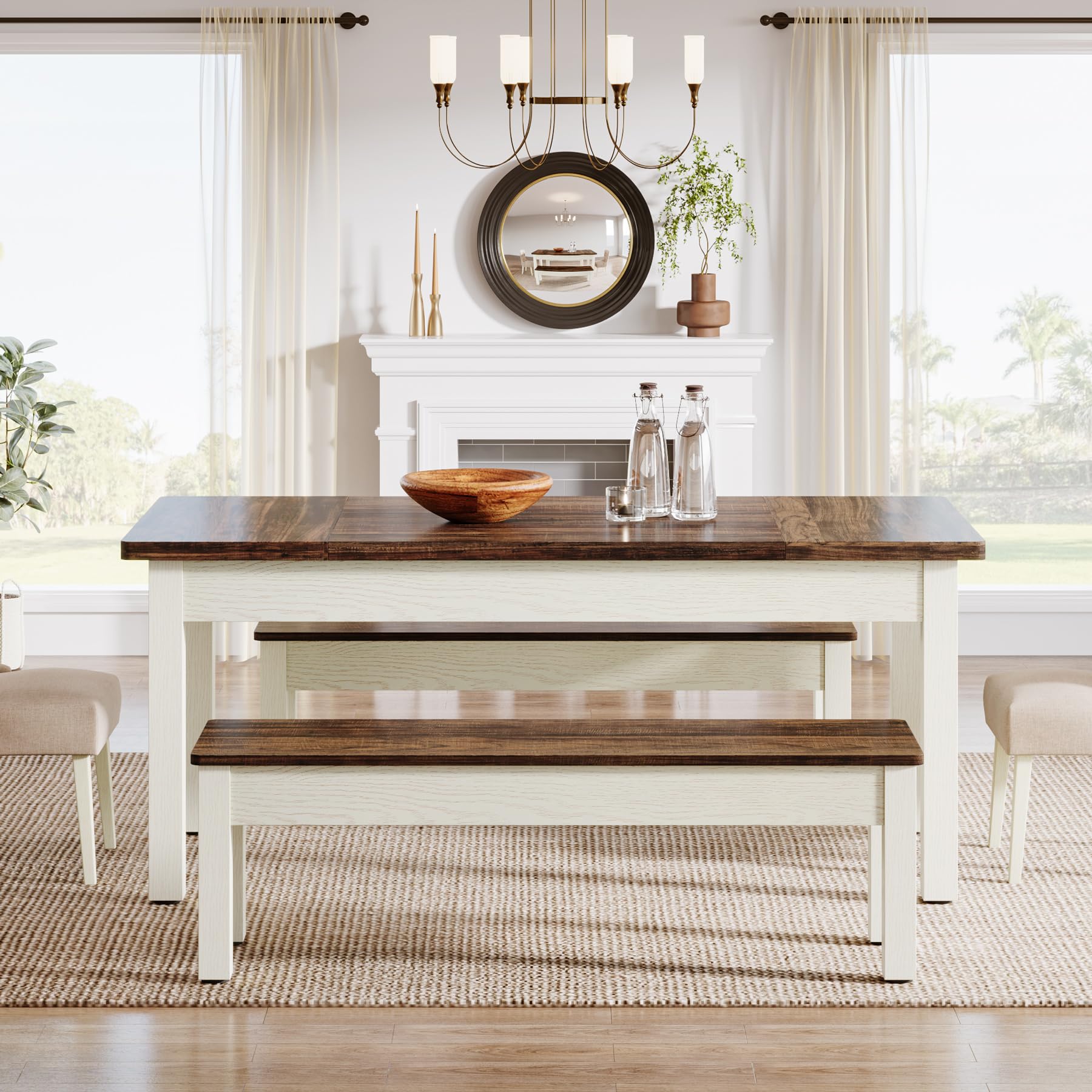 55" Farmhouse Dining Table Set with 2 Benches