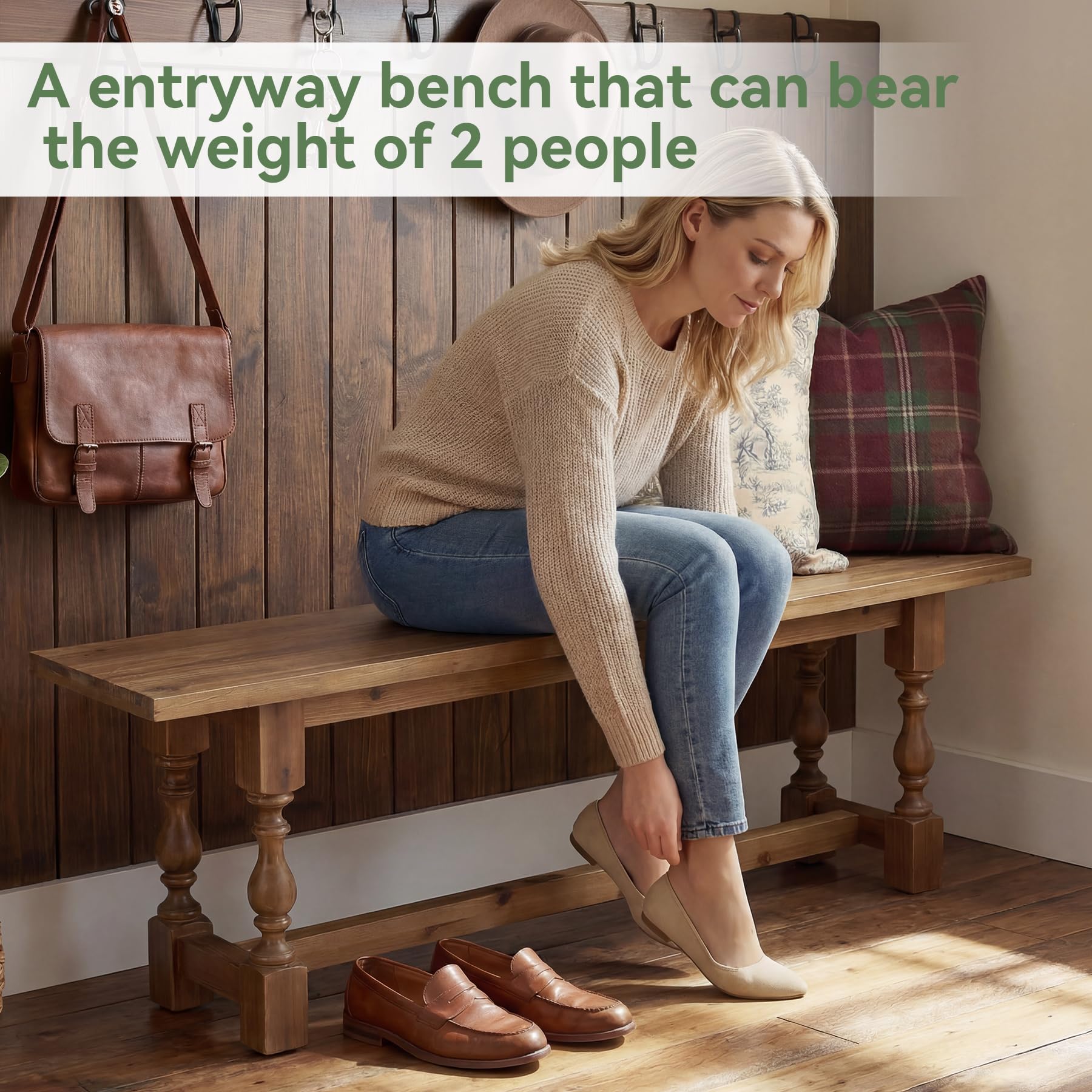 TRIBEWOOD Rustic Solid Wood Entryway Bench, 59.1" Long Farmhouse Dining Seat with Turned Legs, End of Bed Bench for Entryway, Dining Room, Bedroom, Holds Up to 300 lb, Easy Assembly, Natural Brown