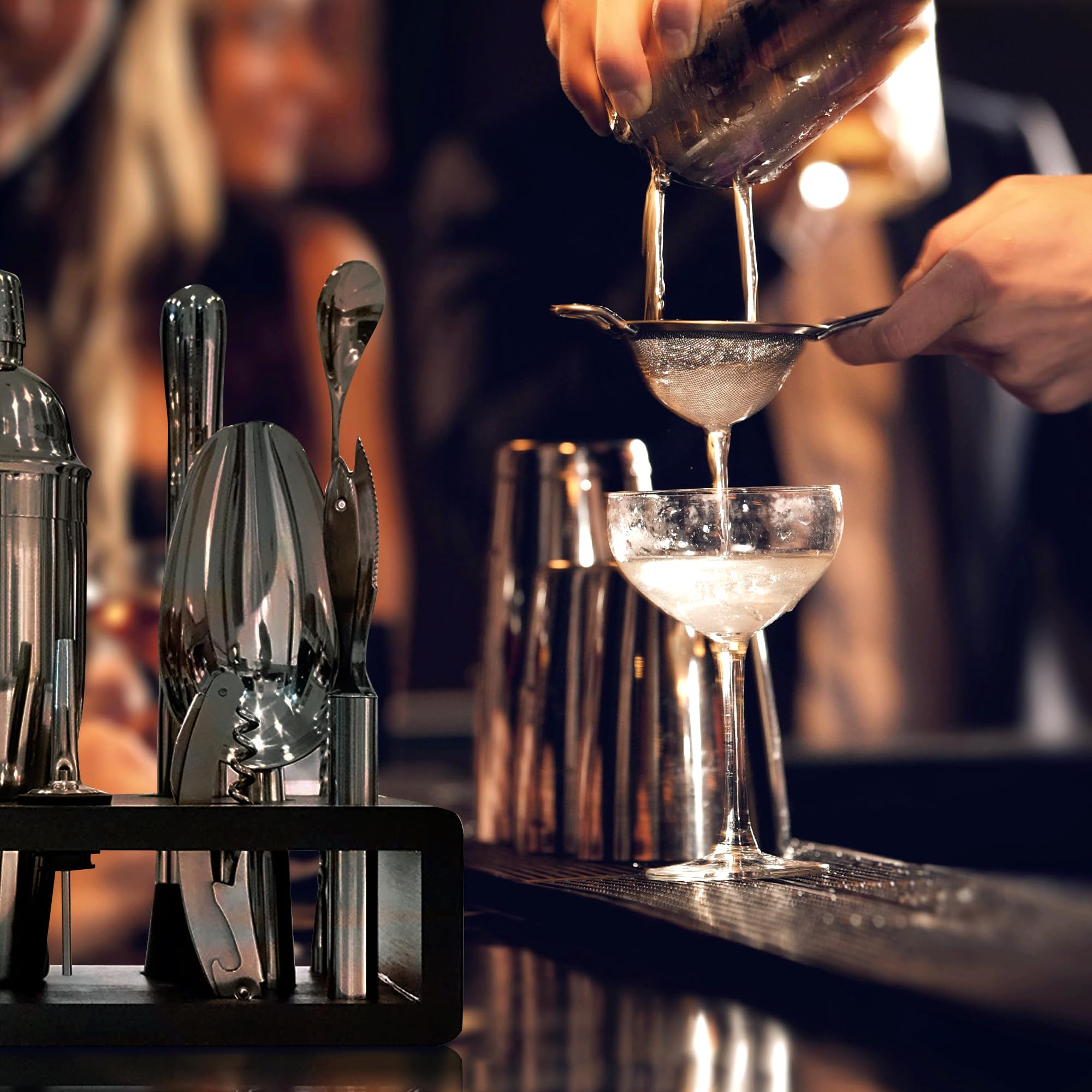 Highball & Chaser 13-Piece Cobbler Cocktail Shaker Set: Black Polished Stainless Steel Bartender Kit for Home Bar Set | Laser Engraved Tools Plus E-Book with 30 Recipes