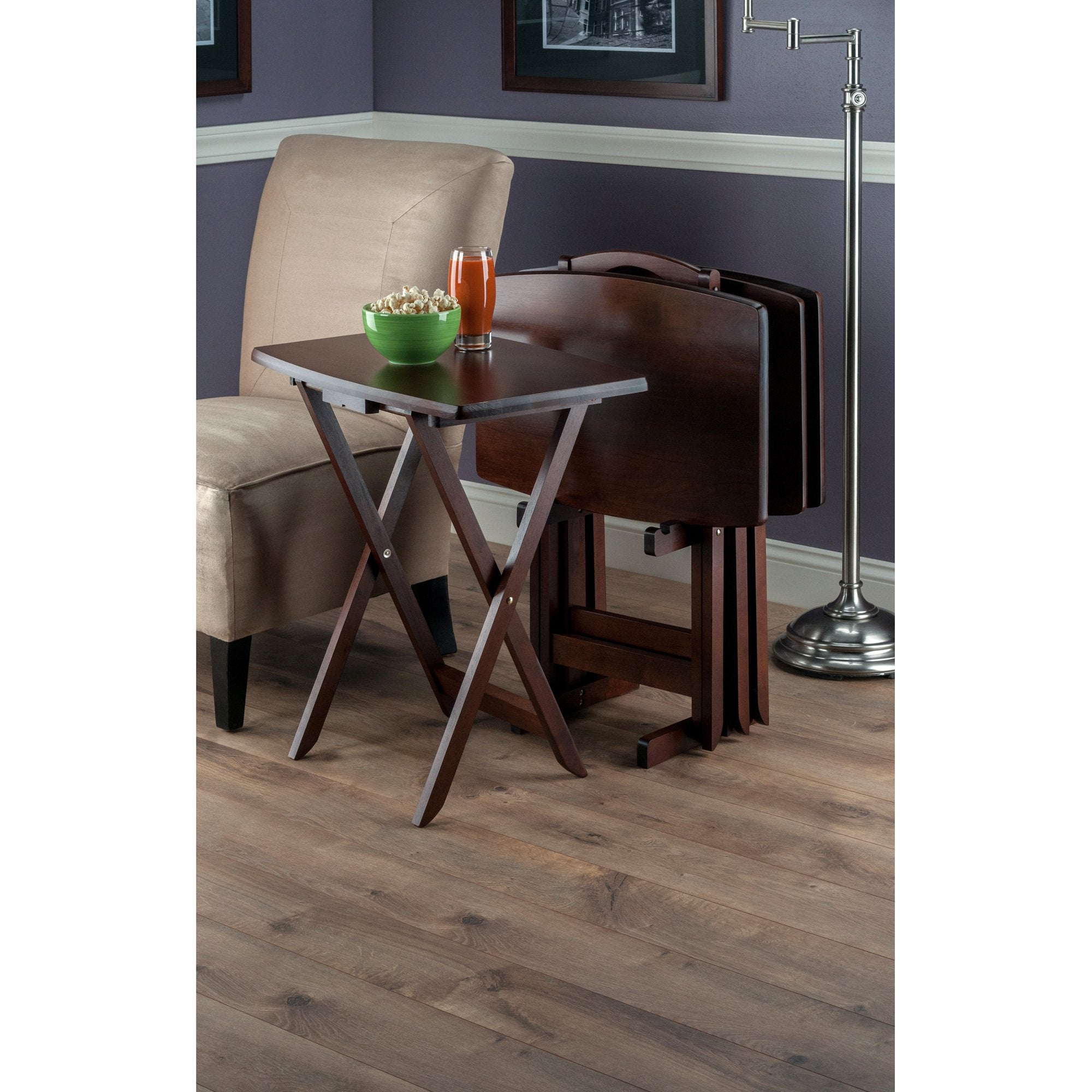 5-Piece Foldable Snack Table Set with Storage Rack – Walnut