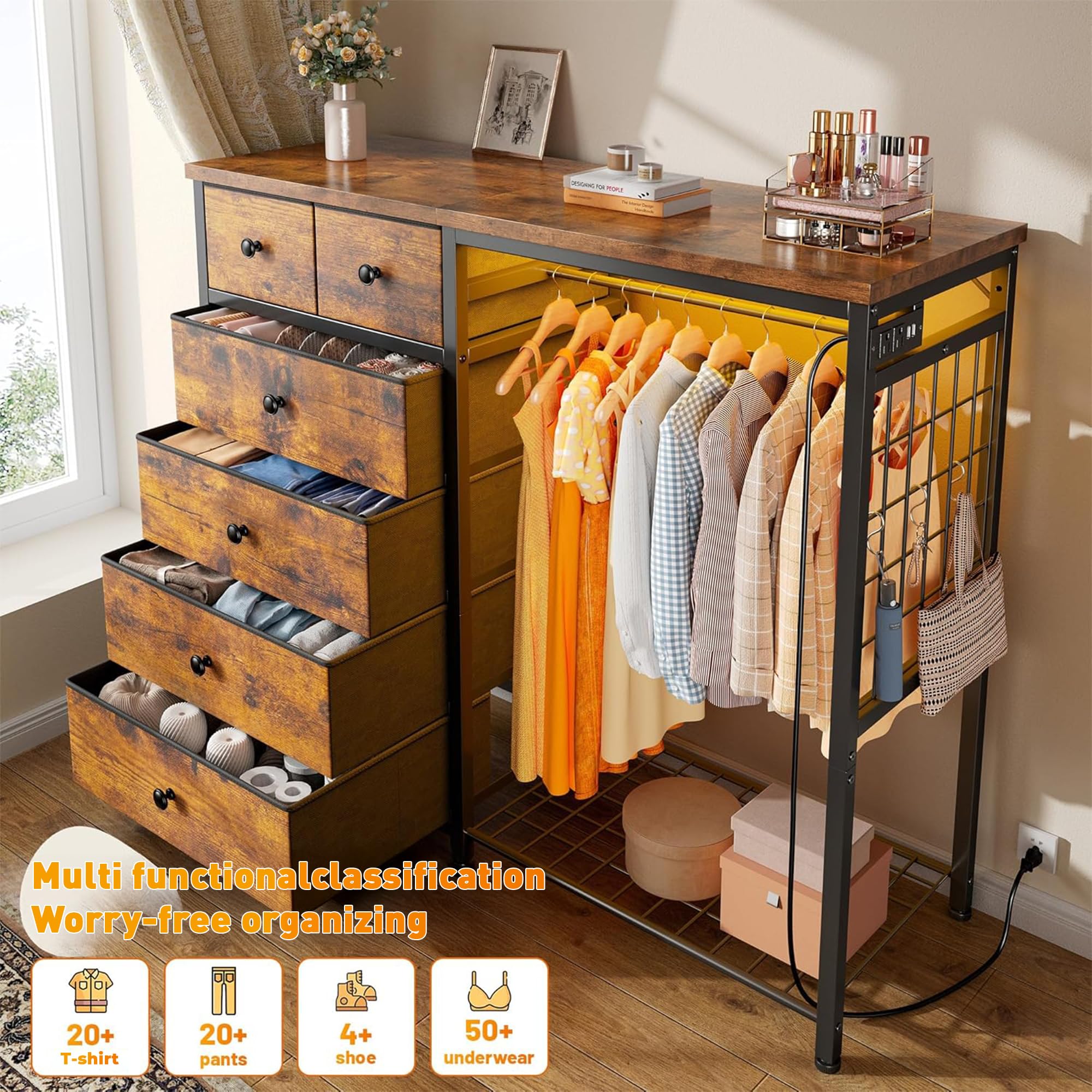 Dresser with Hanging Rack, 6 Drawers, LED Lights & Charging Station
