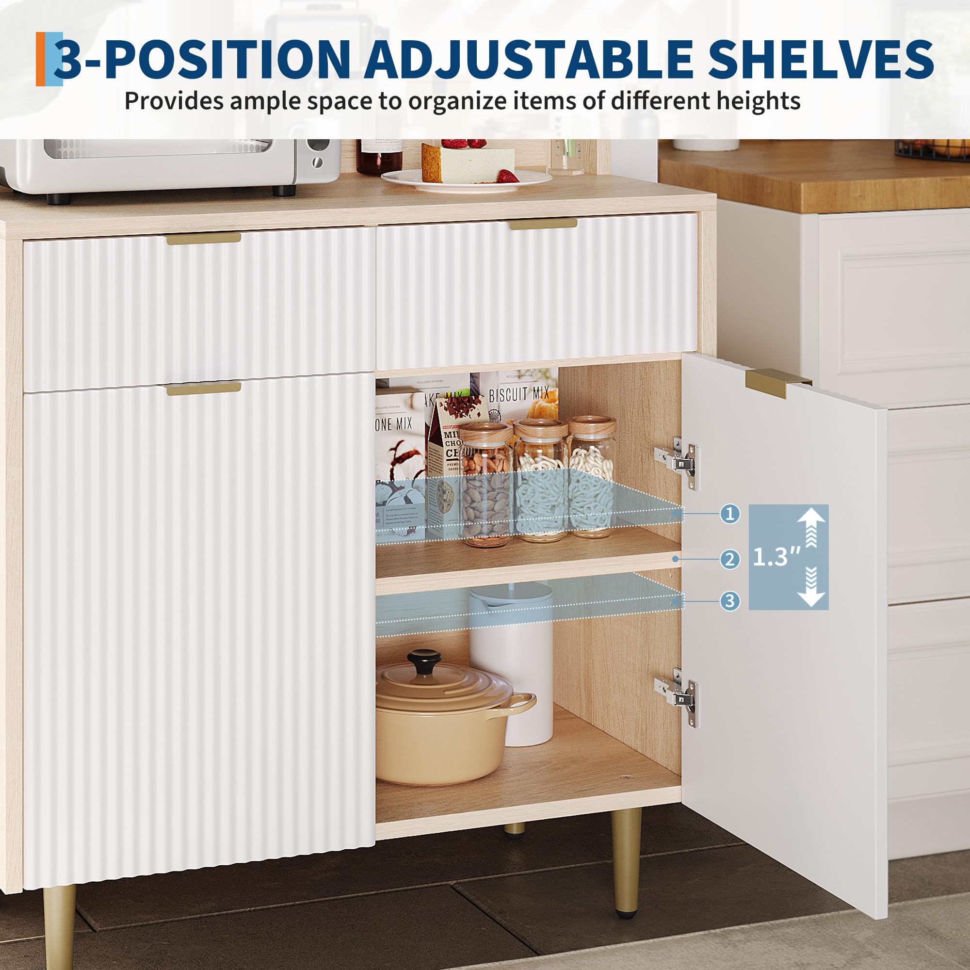 Modern Wood Sideboard Buffet Cabinet with Adjustable Shelves and 2 Drawers, Versatile Storage Console Table for Dining Room, Kitchen, Living Room, or Entryway, Organizer Solution