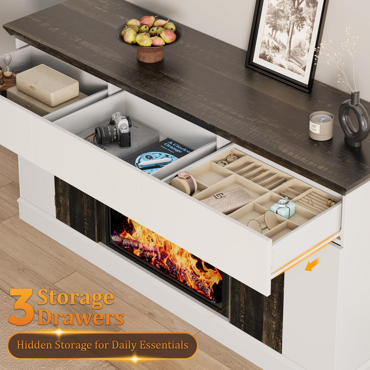 Jocoevol 58" Fireplace TV Stand with 23" Electric Fireplace, Entertainment Center for TVs up to 65", TV Console with 3 Storage Drawers, 2 Side Cabinets & Press-to-Open Doors for Living Room, Bedroom