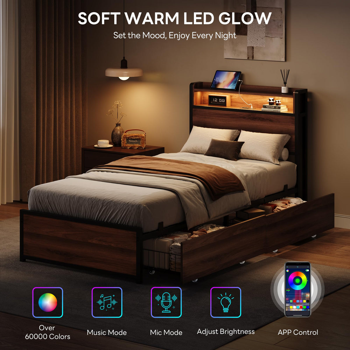 LIKIMIO Twin XL Bed Frames with 2 Large Drawers, Charging Station & RGB LED