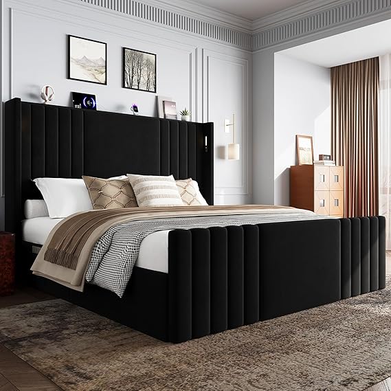 Velvet Wingback Platform Bed Frame with LED Reading Lights