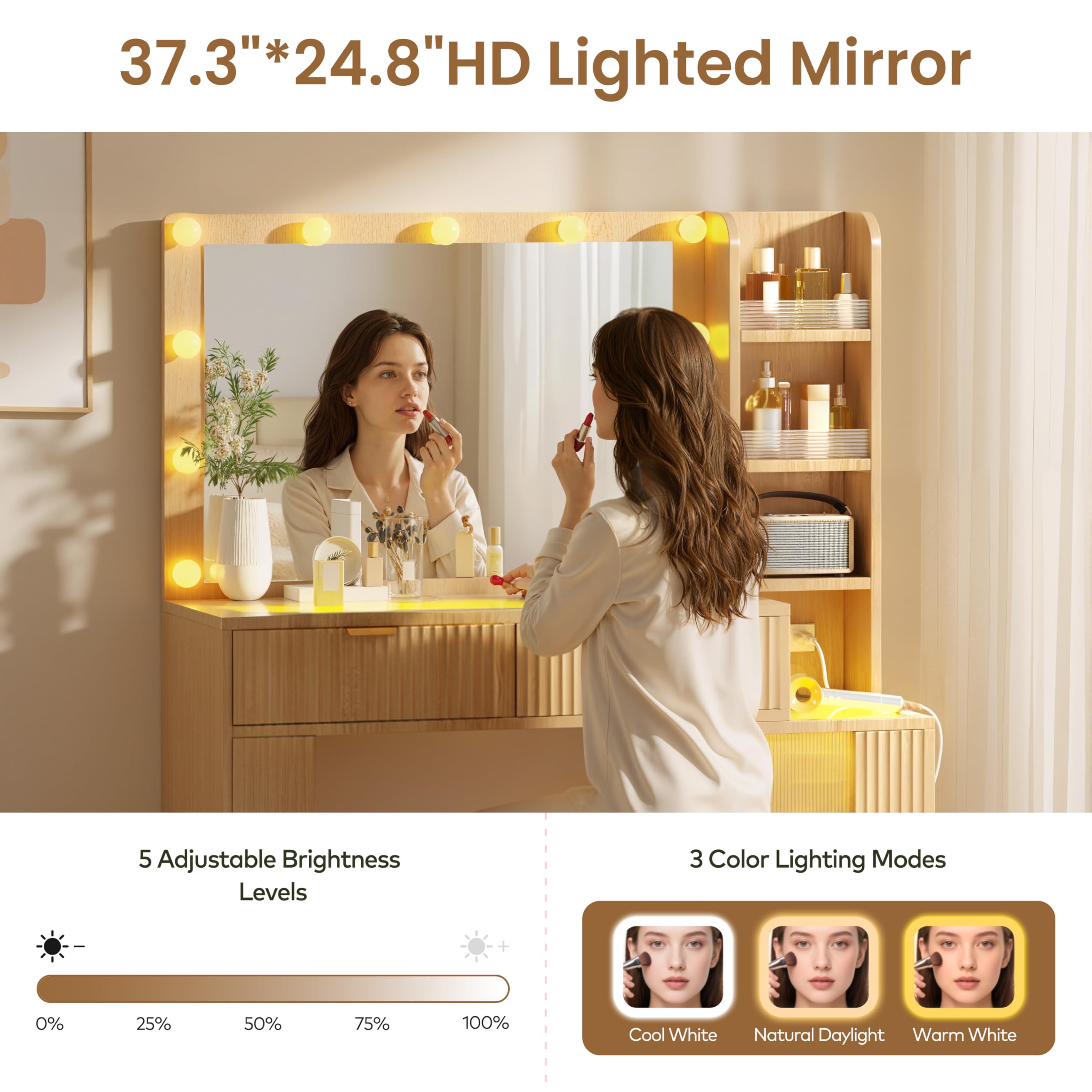 47'' Fluted Makeup Vanity Desk with Large 36" Mirror & Hollywood Bulbs, Smart RGB Lights, Glass Top Vanity with 5 Shelves, 2 RGB Drawers, Acrylic Cabinets, Wood Vanity with Charging Station,Oak