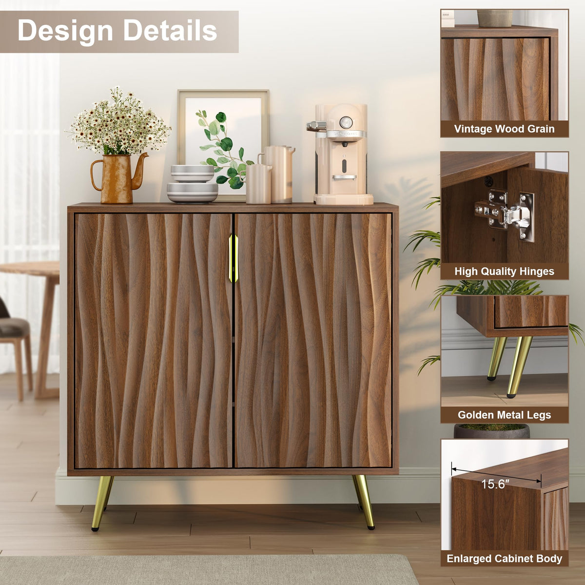 Dorivibe Sideboard Buffet Cabinet, 31.5" Walnut Storage Cabinet, Water Ripple Doors, 4-Tier Adjustable Shelves, 15.6" Deep Mid-Century Accent Cabinet for Dining Room, Living Room, Entryway