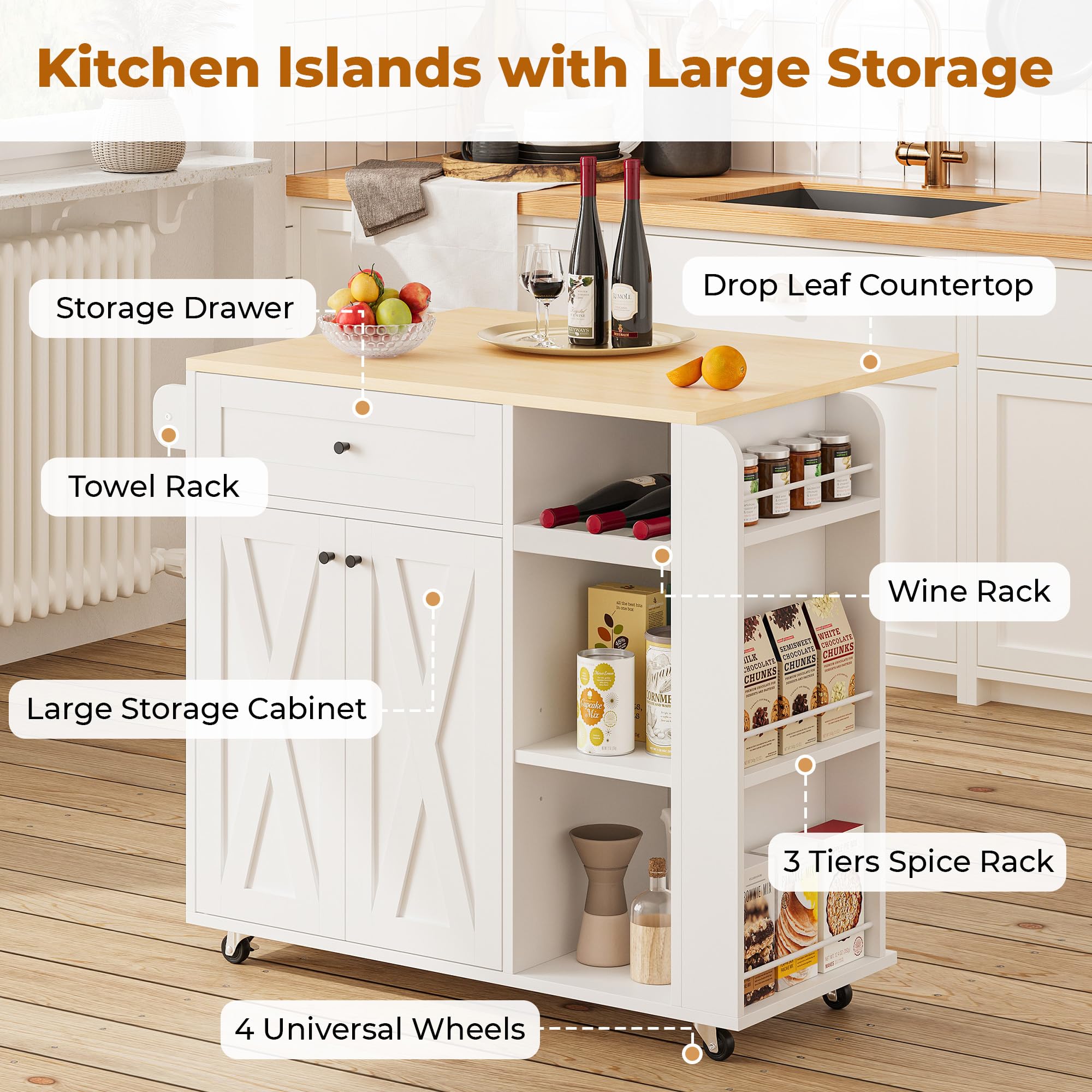 Rolling Kitchen Island with Drop Leaf & Wine Rack