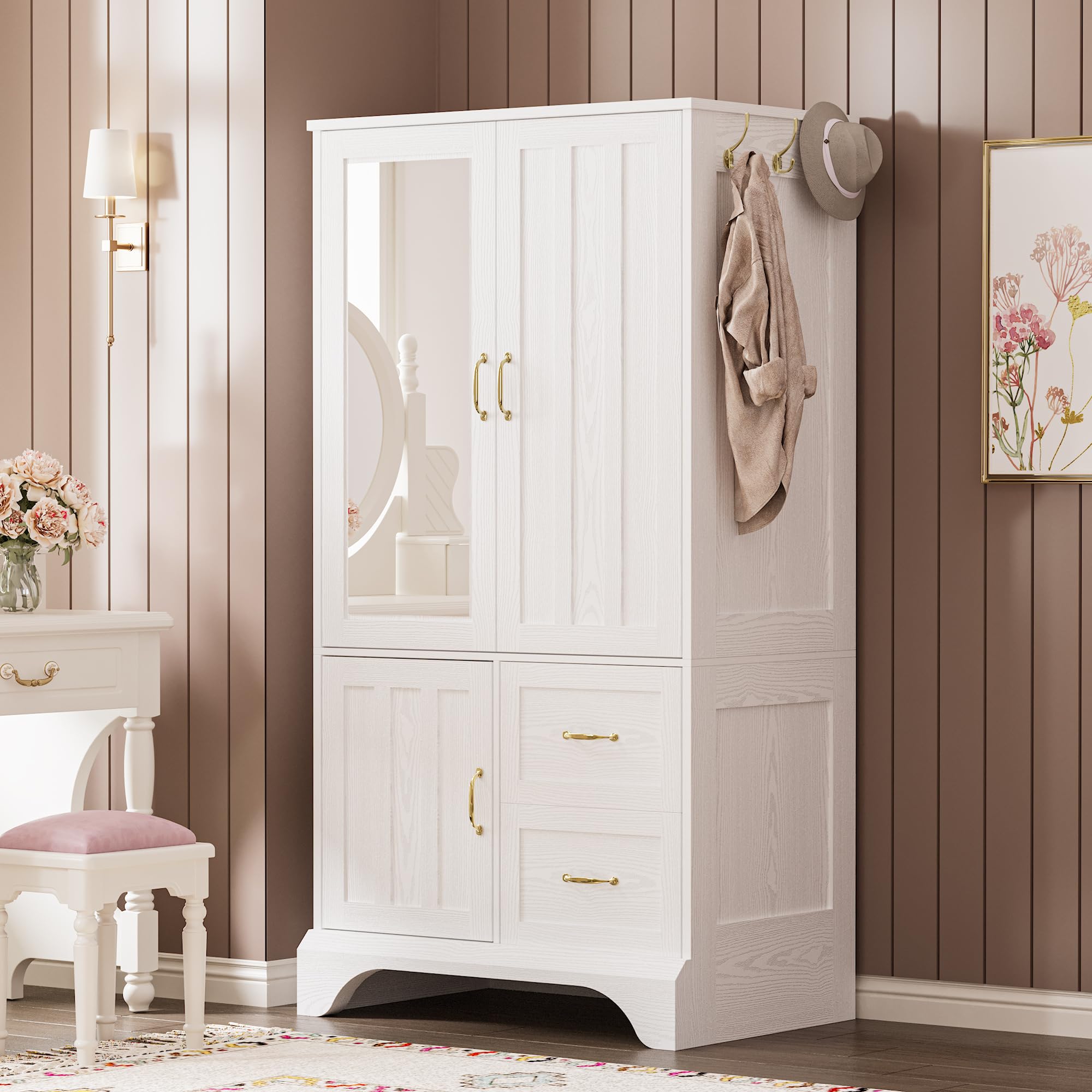 3-Door Wardrobe Armoire with Mirror & Drawers