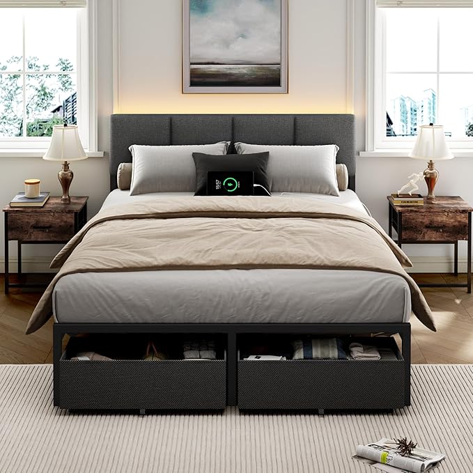 Full Size Bed Frame with LED Lighting & Storage Drawers