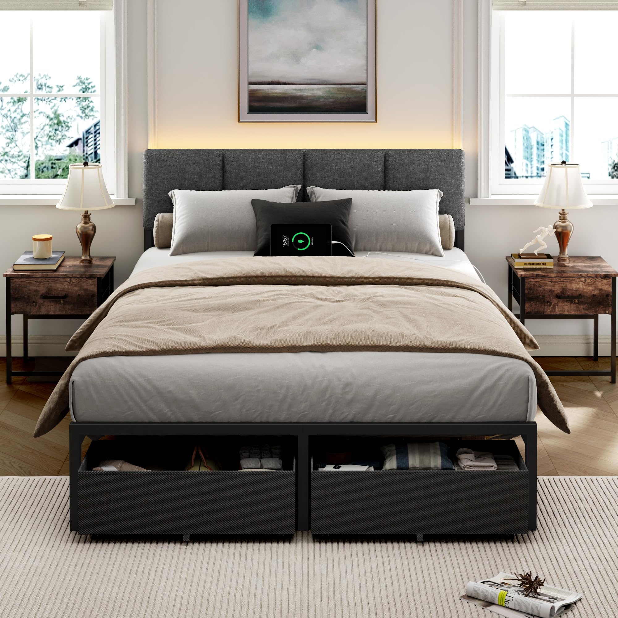 Full Size Bed Frame with LED Lighting & Storage Drawers
