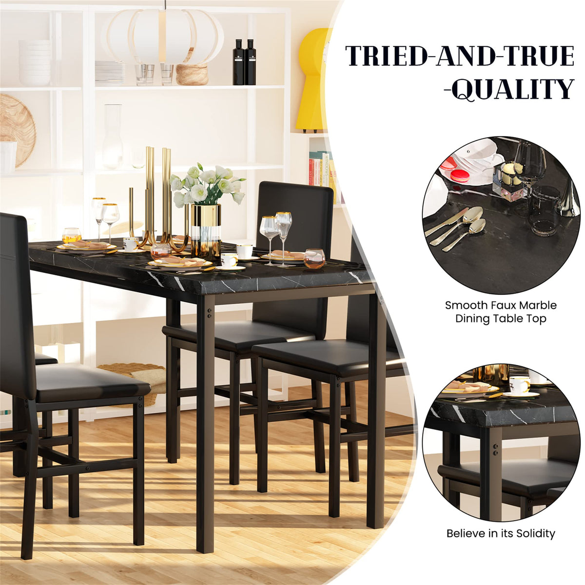 Recaceik Dining Table Set for 4, Kitchen Table and Chairs Set with Faux Marble Tabletop & 4 Leather Upholstered Chairs for Kitchen Dining Room, Breakfast Nook, Compact Space, Dinette Set