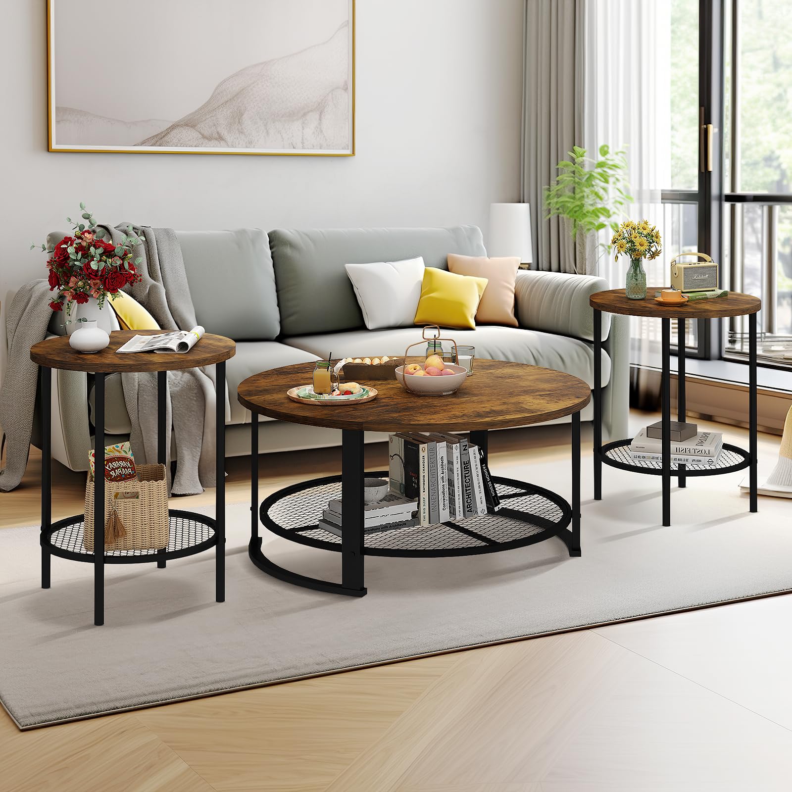 Recaceik Round Coffee Table and End Table Set of 3 with Storage, Modern Vintage Dark Brown Coffee Table and Side Table for Living Room, Office, Apartment, Small Space