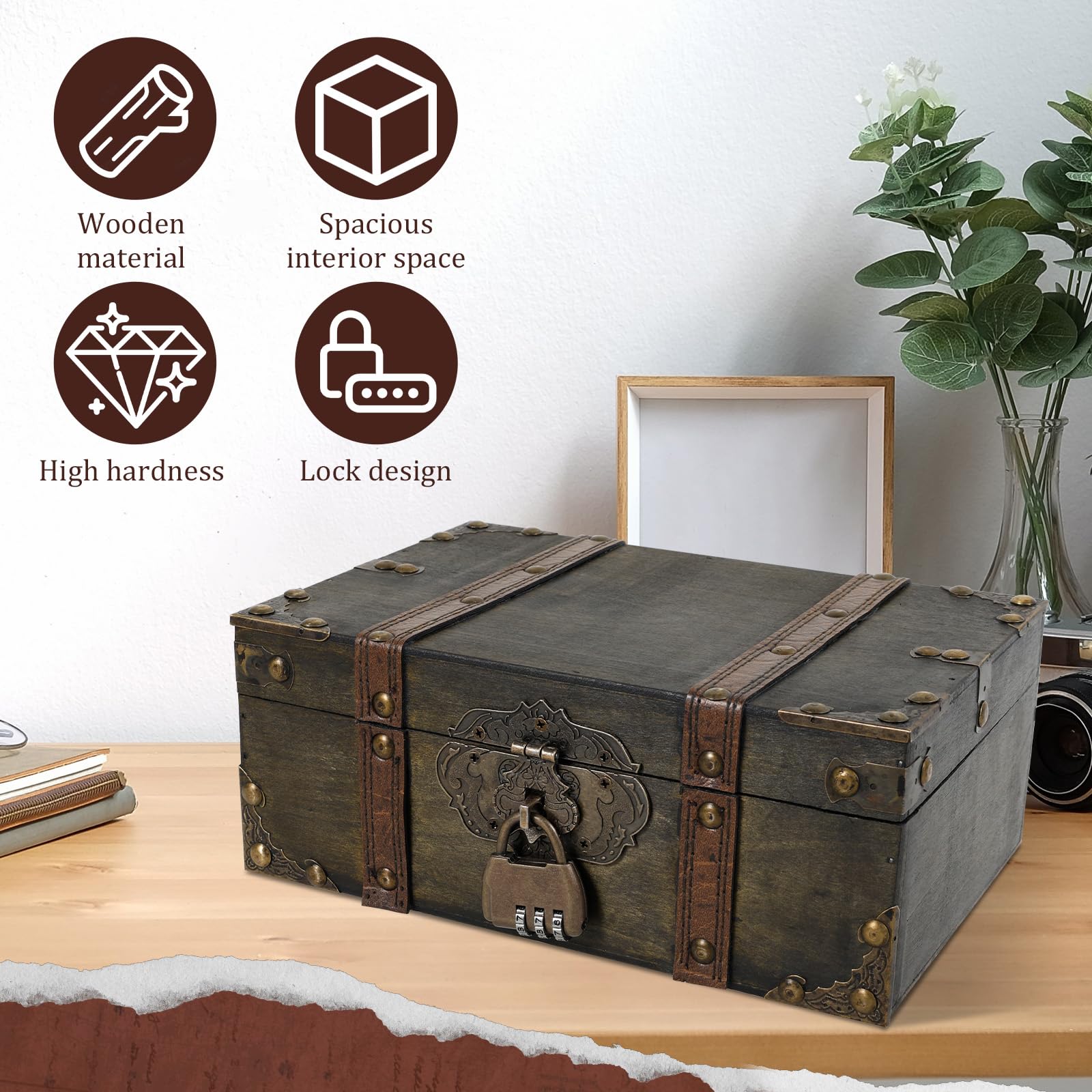 Vintage Wooden Treasure Chest with Combination Lock