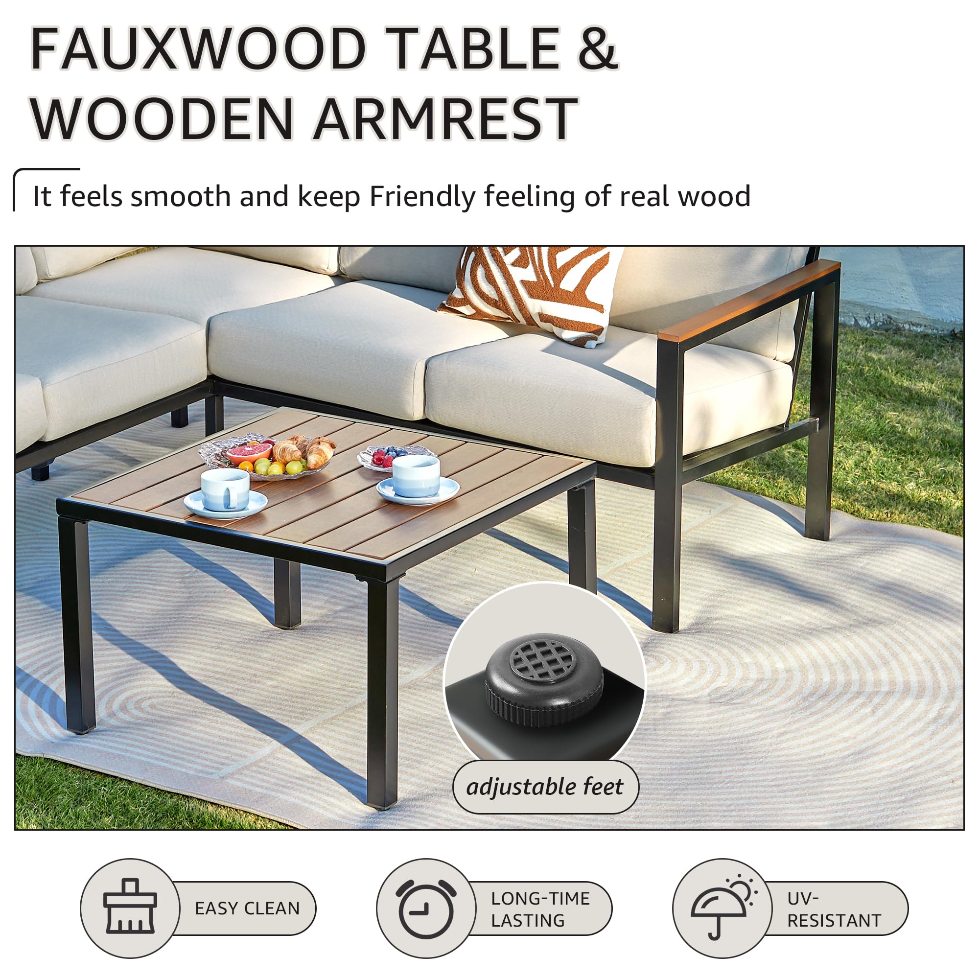 6-Piece L-Shaped Patio Sectional Set with Faux Wood Armrests & Cushions
