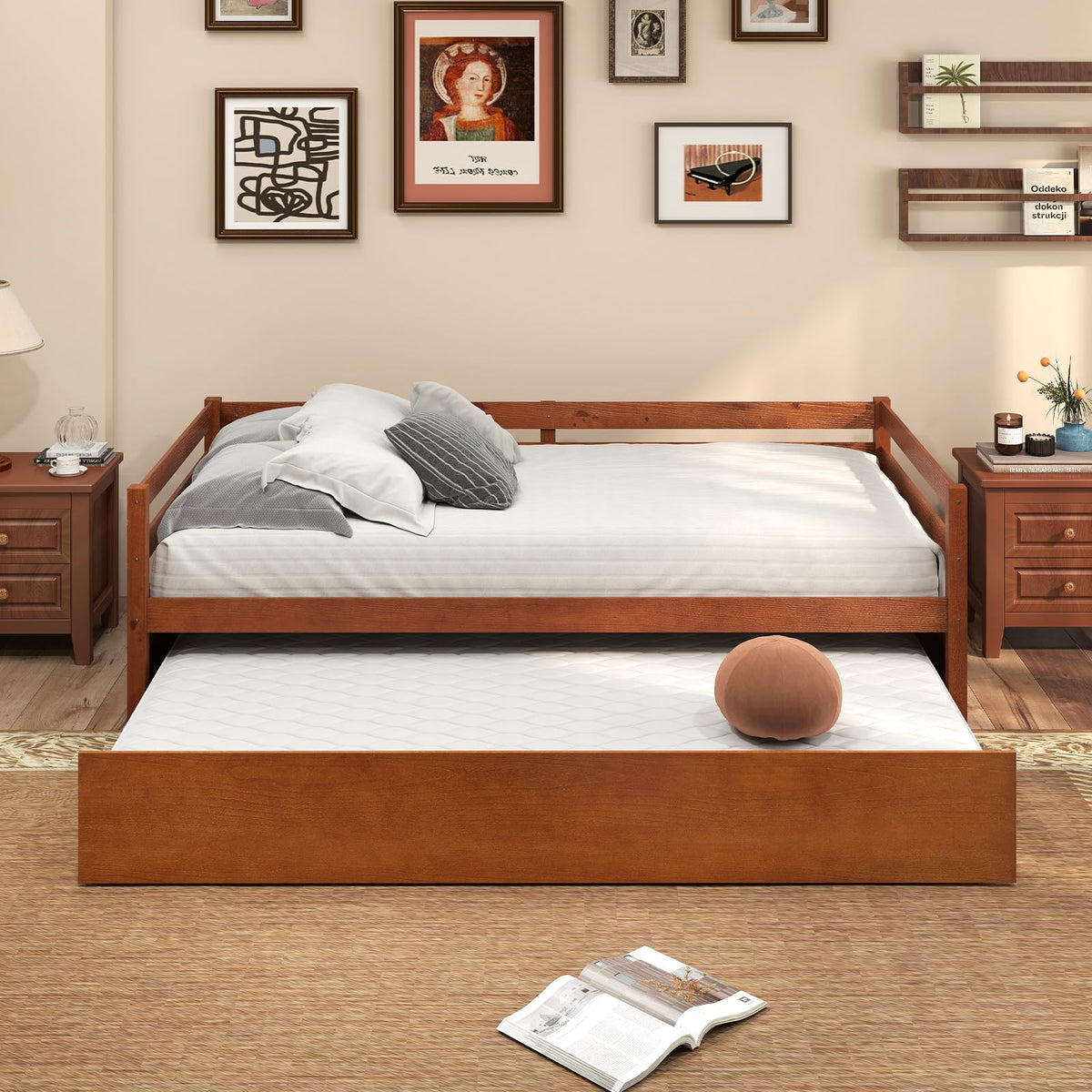 GIANTEX Twin Daybed with Trundle, Wood Trundle Bed with Wood Slat Support, Mid Century Day Bed Frame for Living Room Guest Room, No Box Spring Needed, Walnut