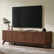 OKD 70" Mid Century Modern Fluted TV Stand,4-Door Storage, Light Walnut