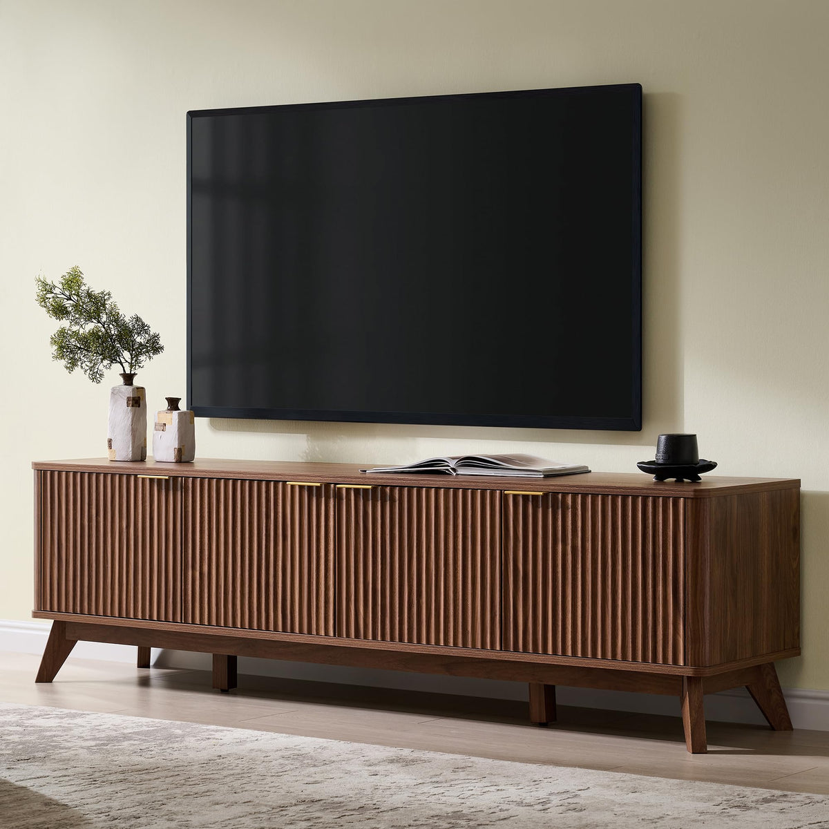 OKD 70" Mid Century Modern Fluted TV Stand,4-Door Storage, Light Walnut