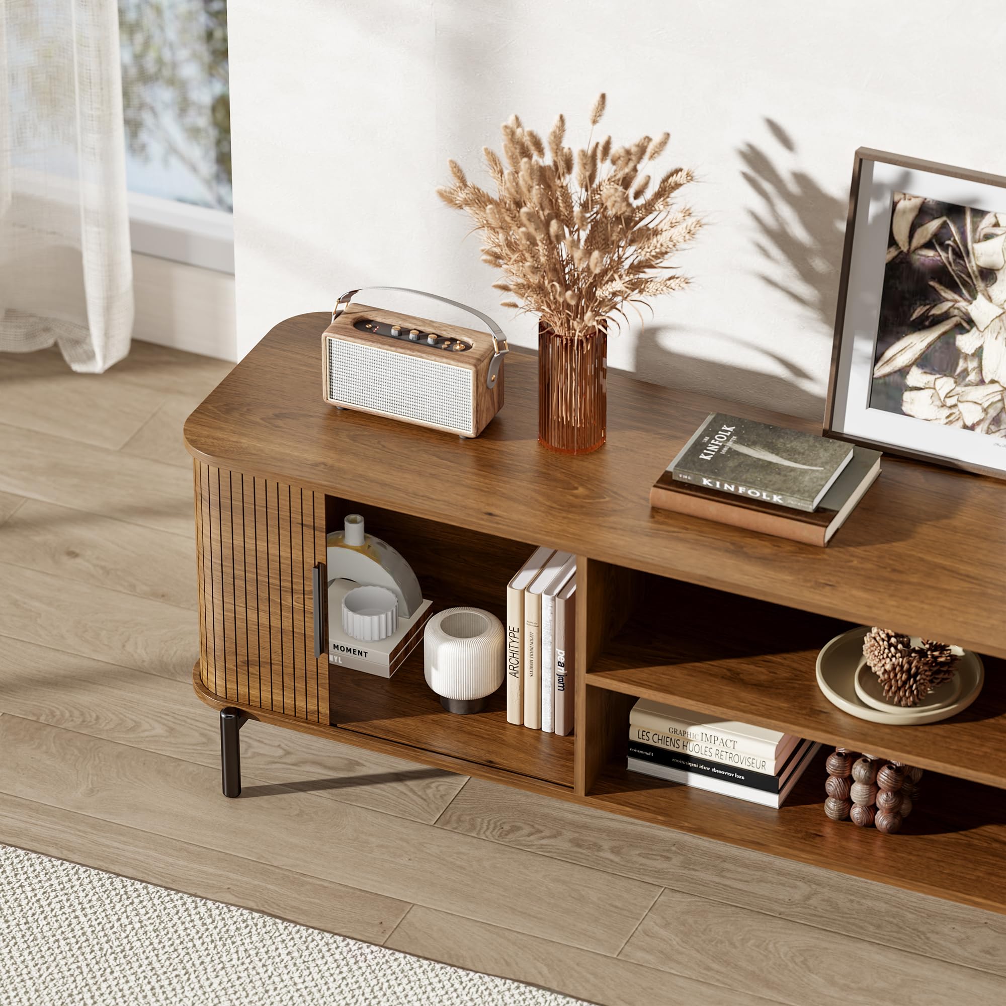 SUNCOZE 70" Mid-Century Fluted TV Stand with Storage, Modern Entertainment Centerfor TVs up to 80 Inch with Sliding Tambour Doors & Open Shelves, Media Console for Living Room or Bedroom (Walnut)