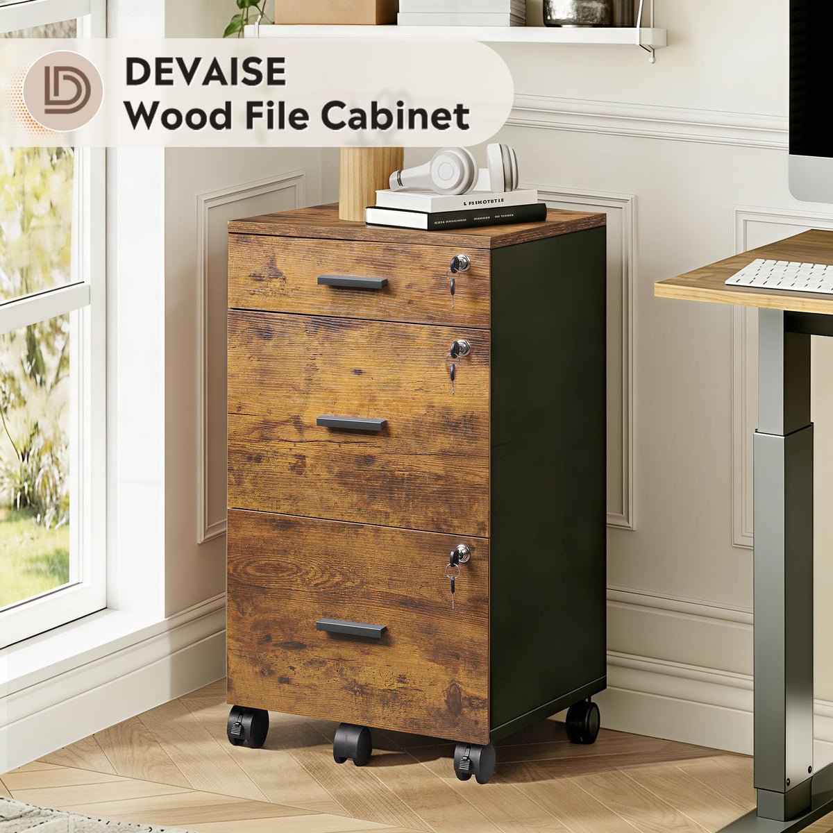 3-Drawer Locking File Cabinet with Wheels
