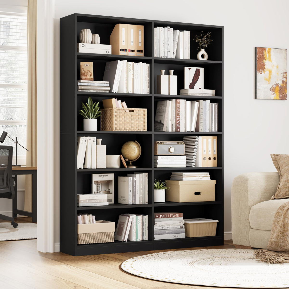 6-Tier Double Wide Black Bookshelf