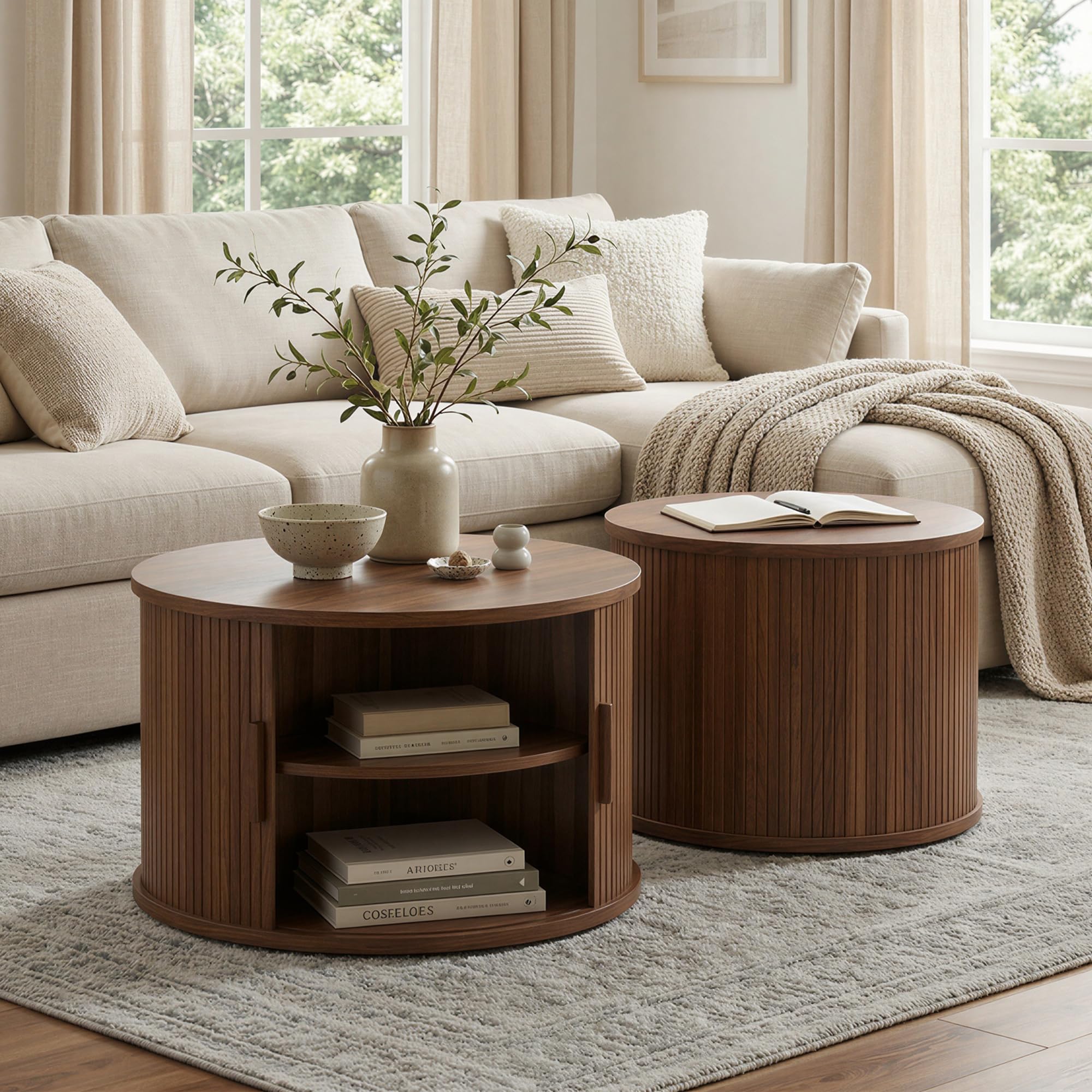 Round Coffee Table Set of 2 with Sliding Door & Hollow Storage