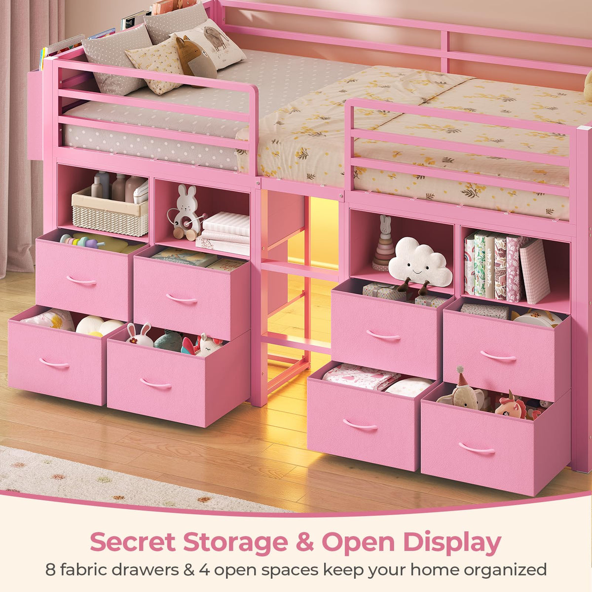ADORNEVE Low Loft Bed Twin Size with 8 Storage Drawers for Kids, Pink