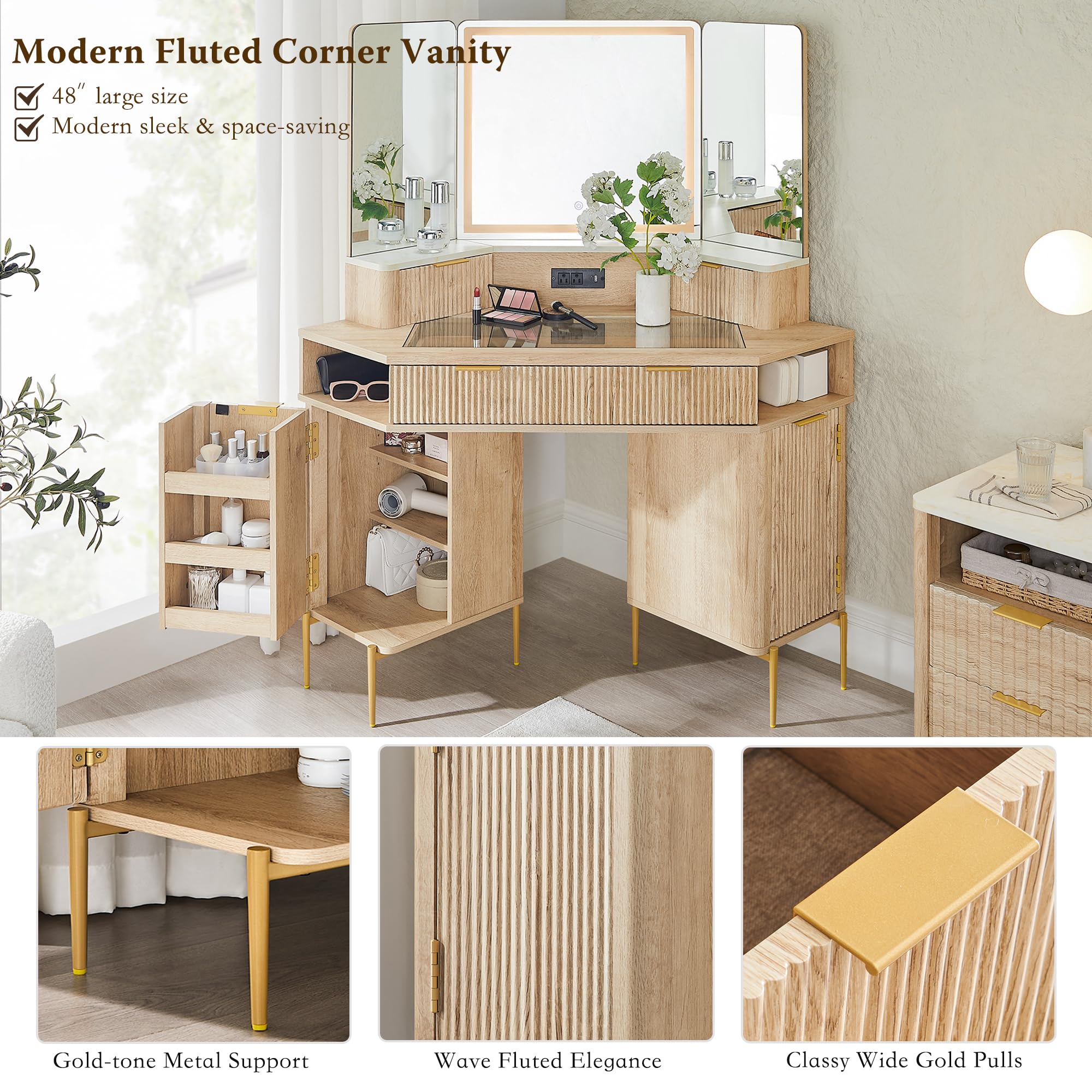 T4TREAM 48" Fluted Makeup Vanity Desk with HD Triple Mirror and Lights, Large Lighted Corner Vanity with Glass Top, Modern Dressing Table with 3 Drawers & 2 Cabinets for Bedroom, Natural Oak