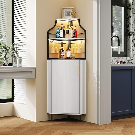 Corner Bar Cabinet with LED Strip & Glass Holder