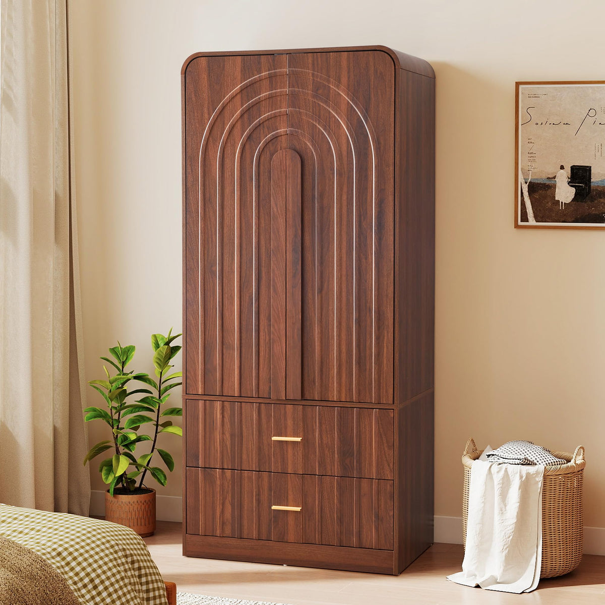 ORRD Freestanding Armoire Wardrobe Closet with Arched Fluted 2 Doors and 2 Storage Drawers, Large Capacity Wardrobe Cabinet Bedroom Organizer for Clothes, Blankets and Accessories, Walnut