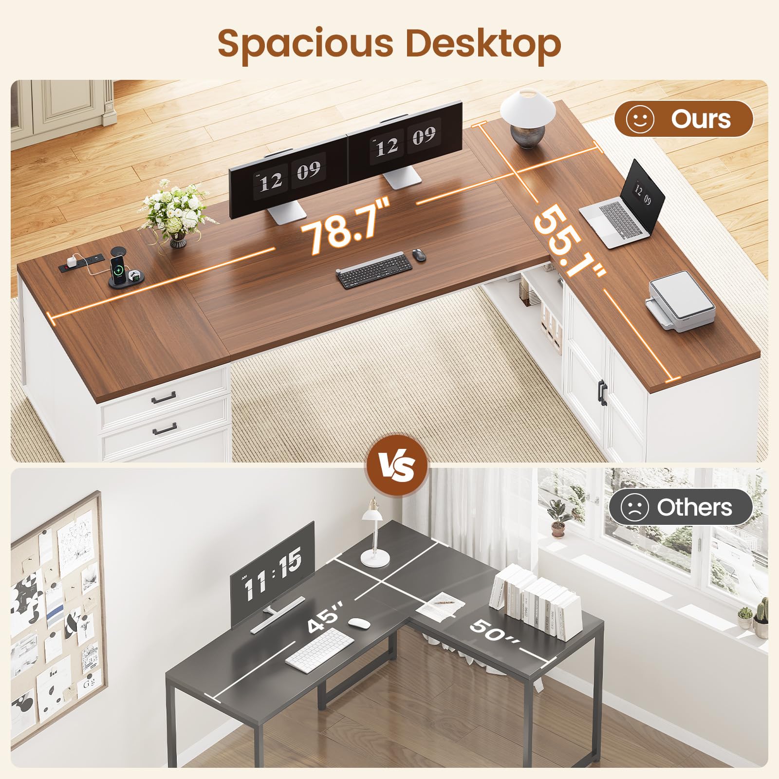 L-Shaped Executive Desk with Charging Station