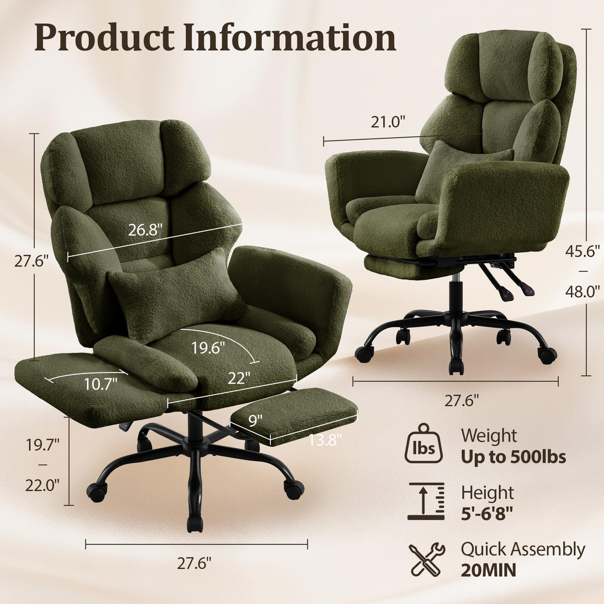 YUUIJOAA Big and Tall Office Chair with Flip Armrests and Footrest, Teddy Wide Seat Criss Cross Legged Home Desk Office Chair with Pet Seat,Reclining Computer Gaming Chair with Lumbar Pillow, Green
