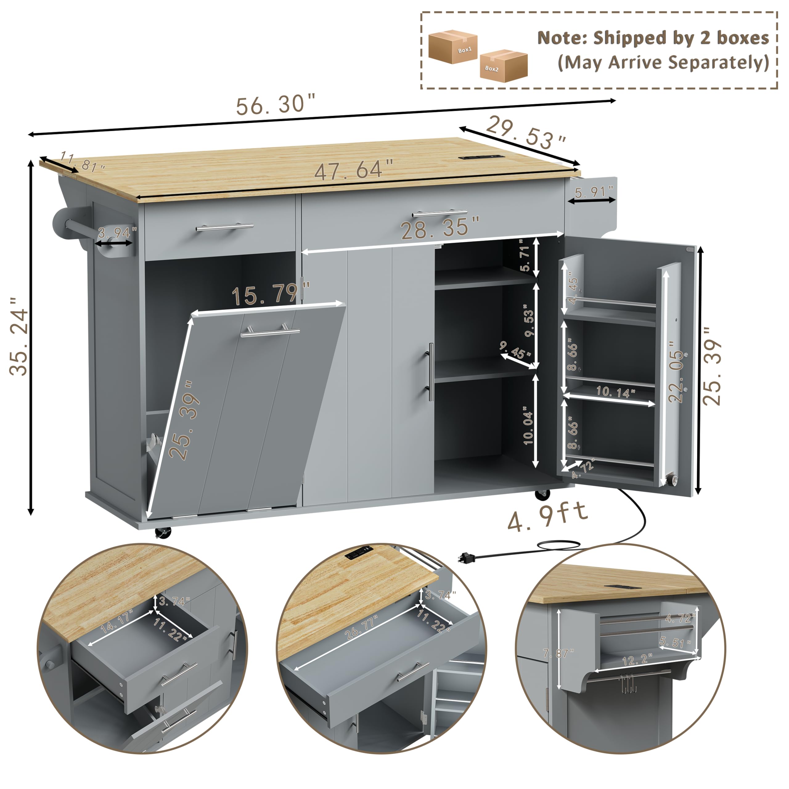 Rolling Kitchen Island with Trash Can Storage & Drop Leaf