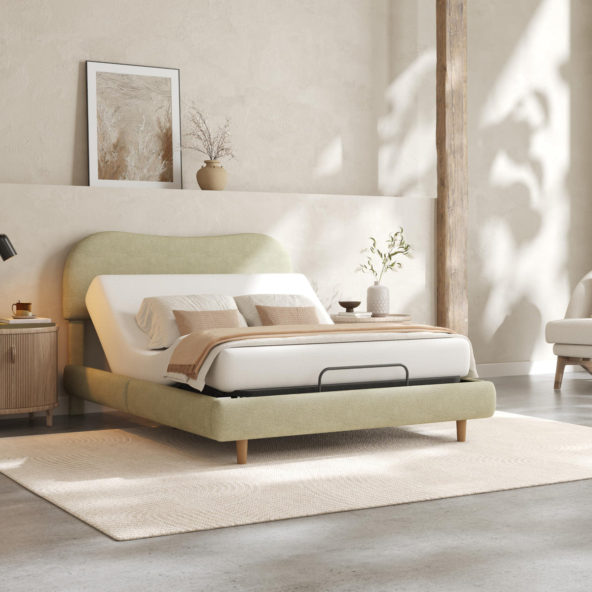 FLEXISPOT Queen Adjustable Bed with Boucle Upholstered Bed Frame, Green