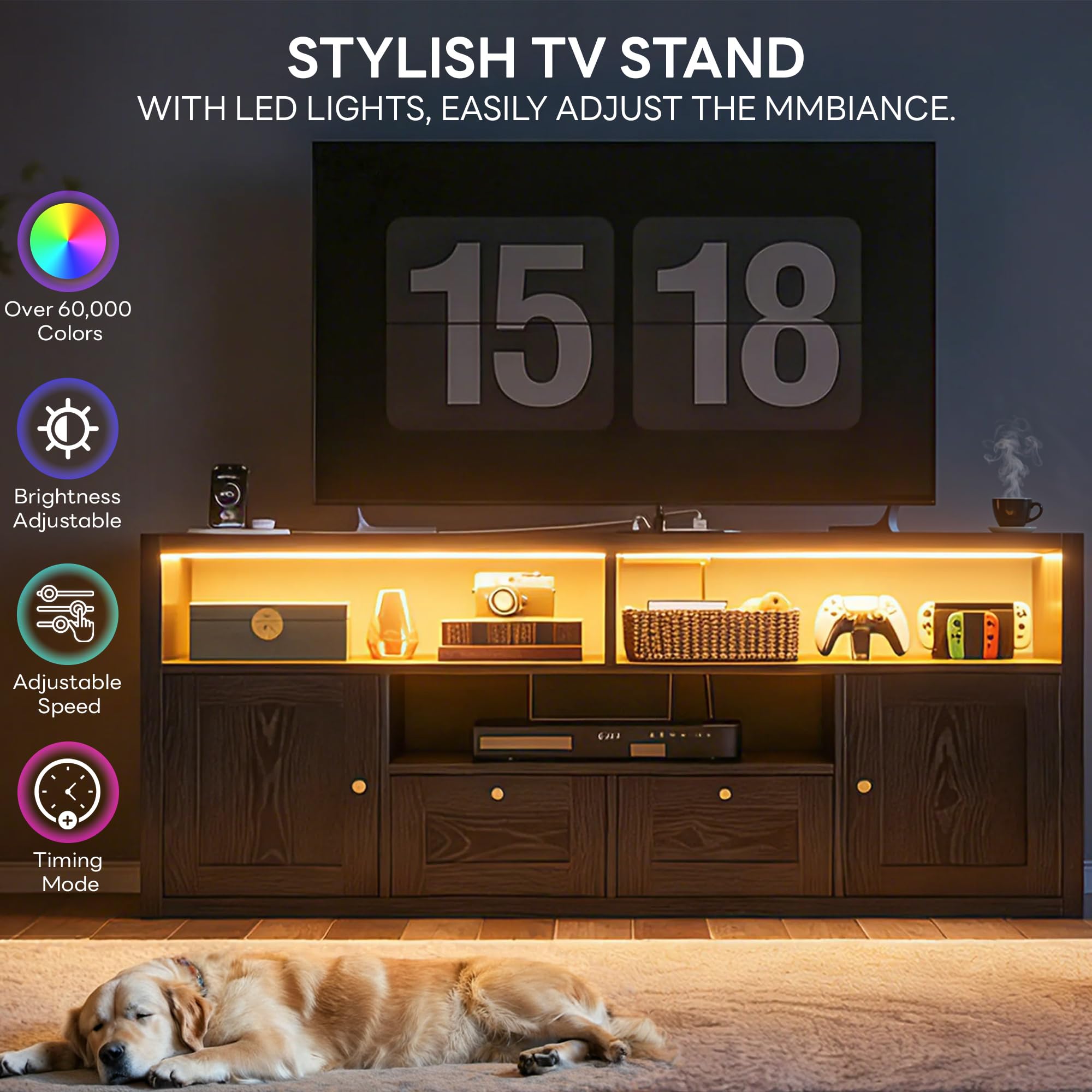 57" TV Stand with LED Lights & Charging Station