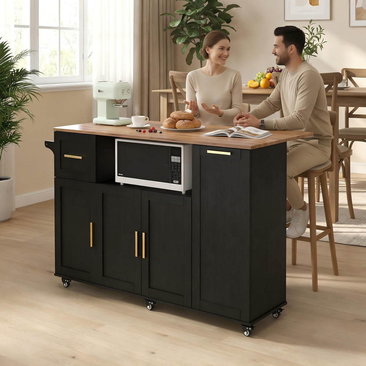 55" Kitchen Island on Wheels with Storage, Rolling Kitchen Island Cart