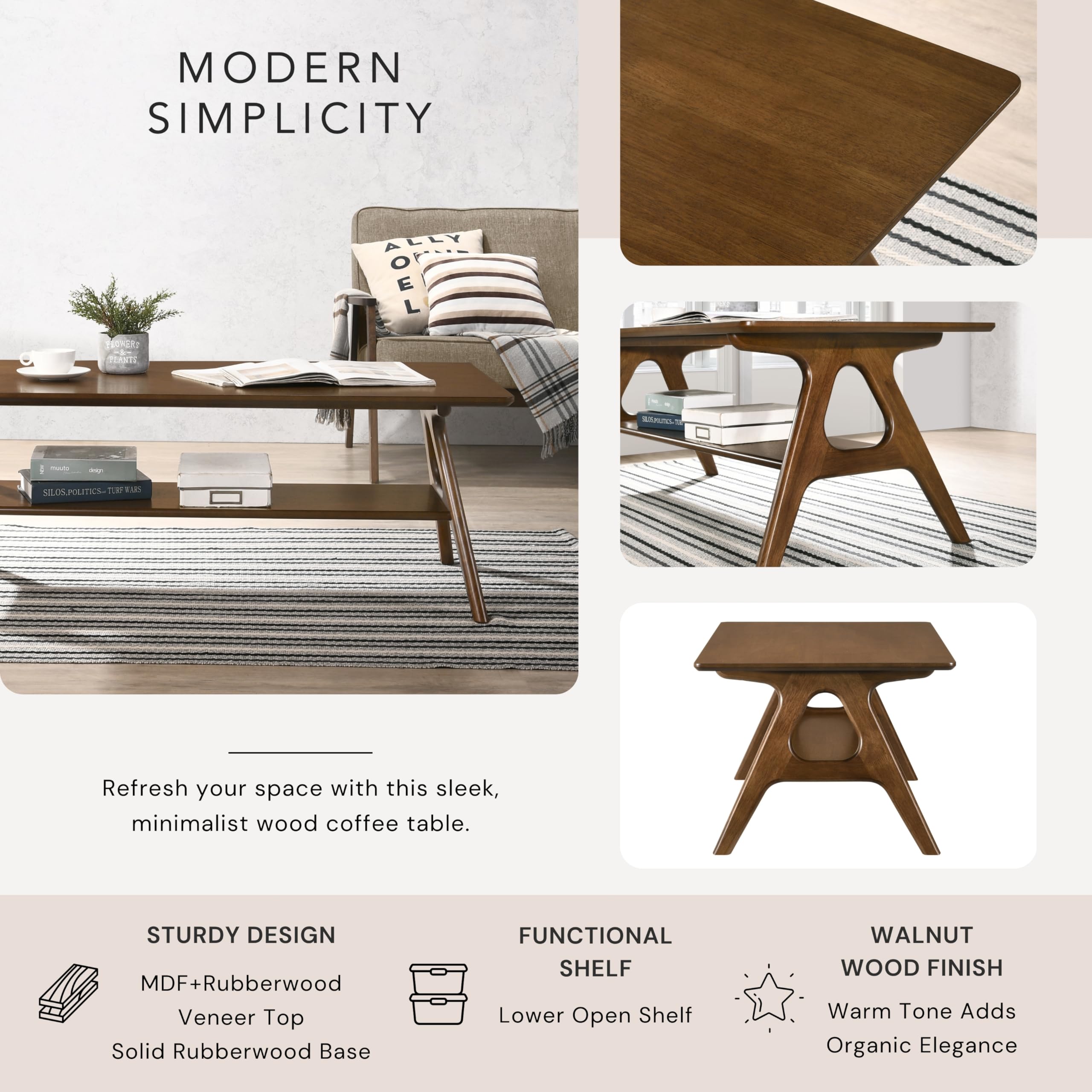 Roundhill Furniture Arona 3-Piece Coffee Table Set, Coffee Table and Two End Tables, Walnut