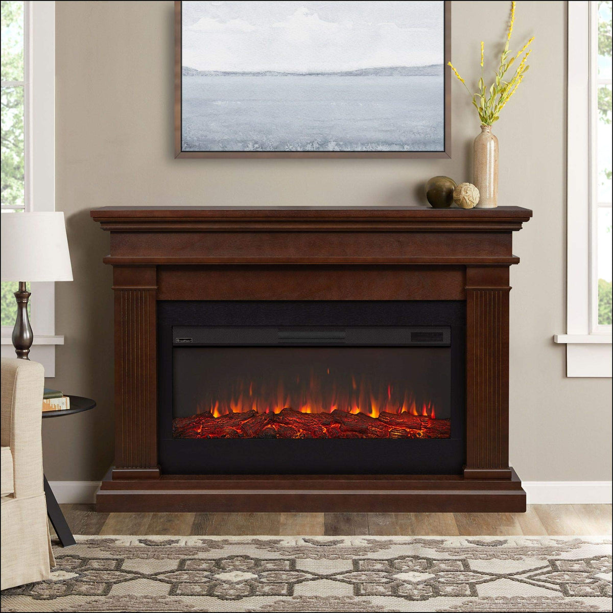 Real Flame Beau 59" Landscape Electric Fireplace with Mantel for Living Room or Bedroom, Replaceable Fireplace Insert Heater, Realistic Log and Flame Effect, Remote Control, Timer