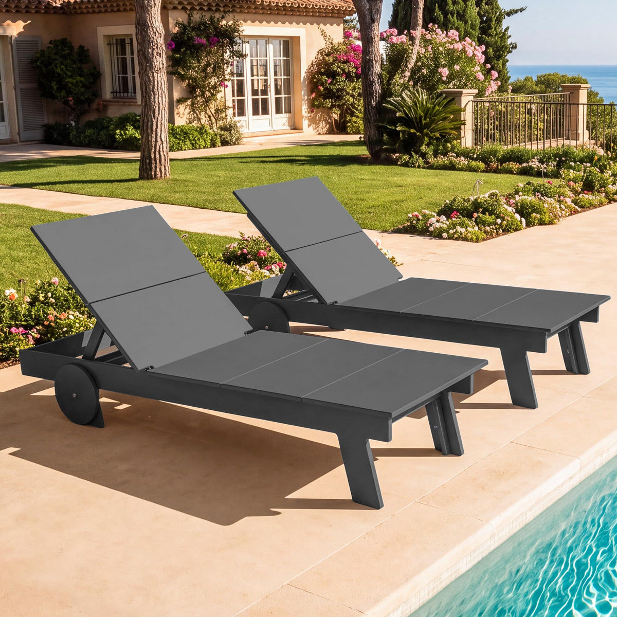 SERWALL Outdoor Chaise Lounge Chair Set of 2, Modern Armless Lounger for Pool, Grey