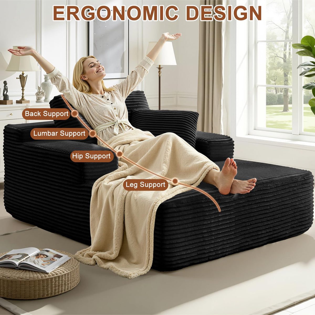 Meqiodas 65 Inch Oversized Indoor Chaise Lounge,Black