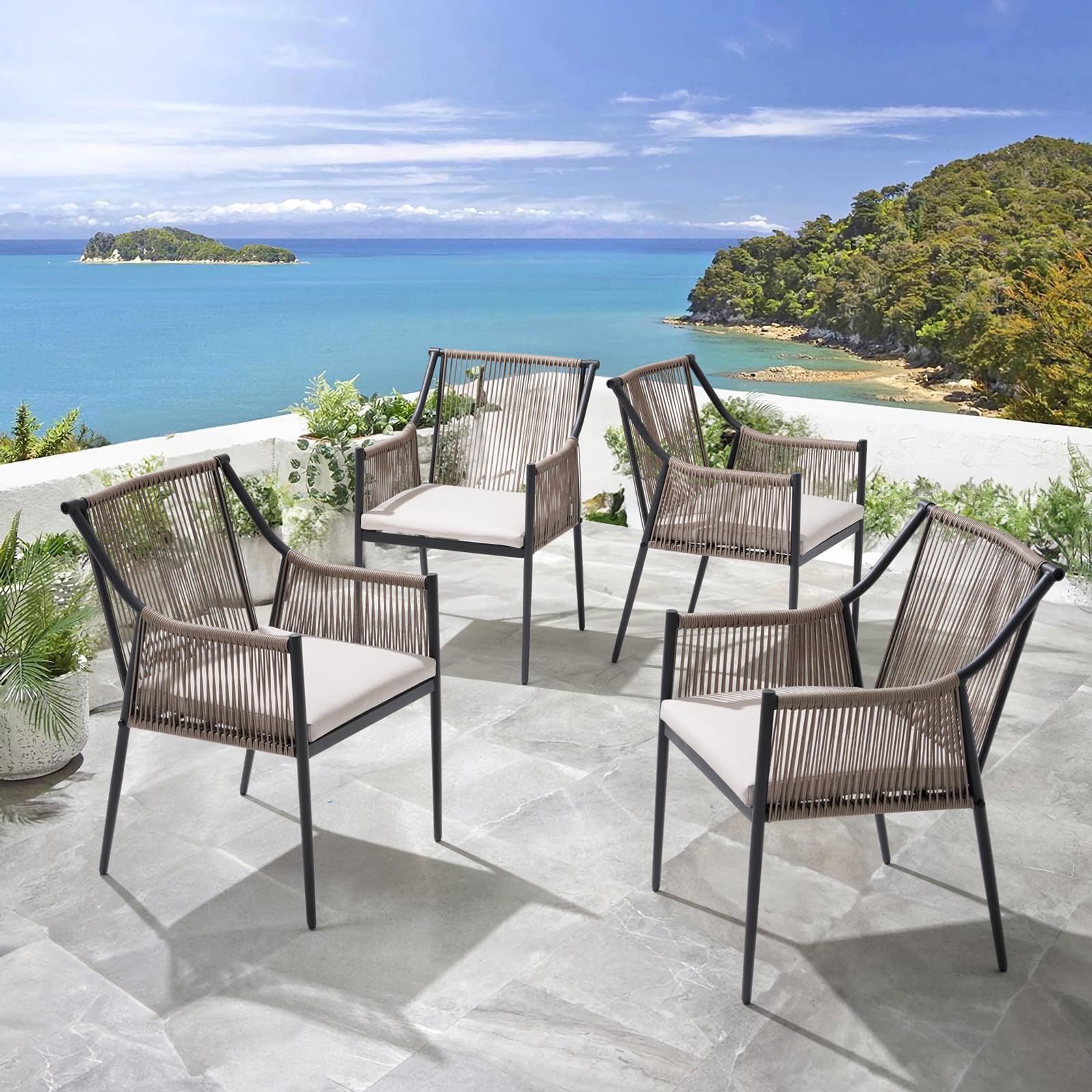 Patiorama Outdoor Dining Chairs Set of 2, Woven Rope Patio Dining Chairs, All-Weather Embossed Wicker Rattan Chairs, Outdoor Patio Chairs with Cushion & Integrated Armrest for Backyard, Light Beige